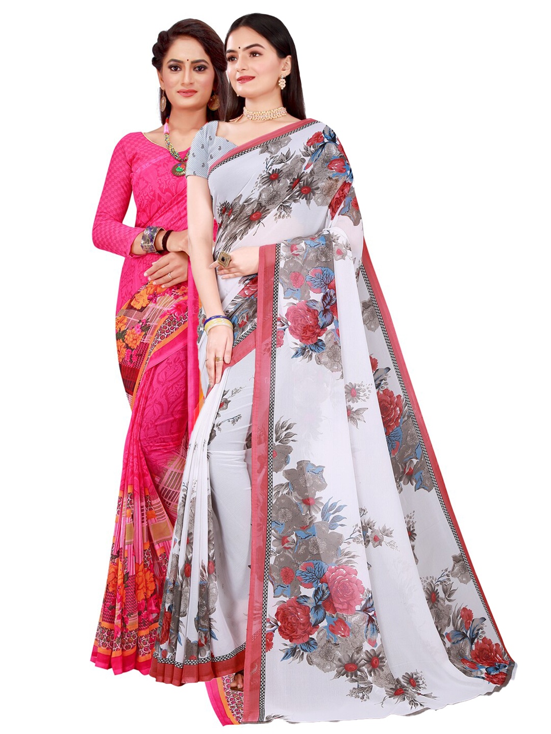 

KALINI Magenta & White Floral Pure Georgette Saree