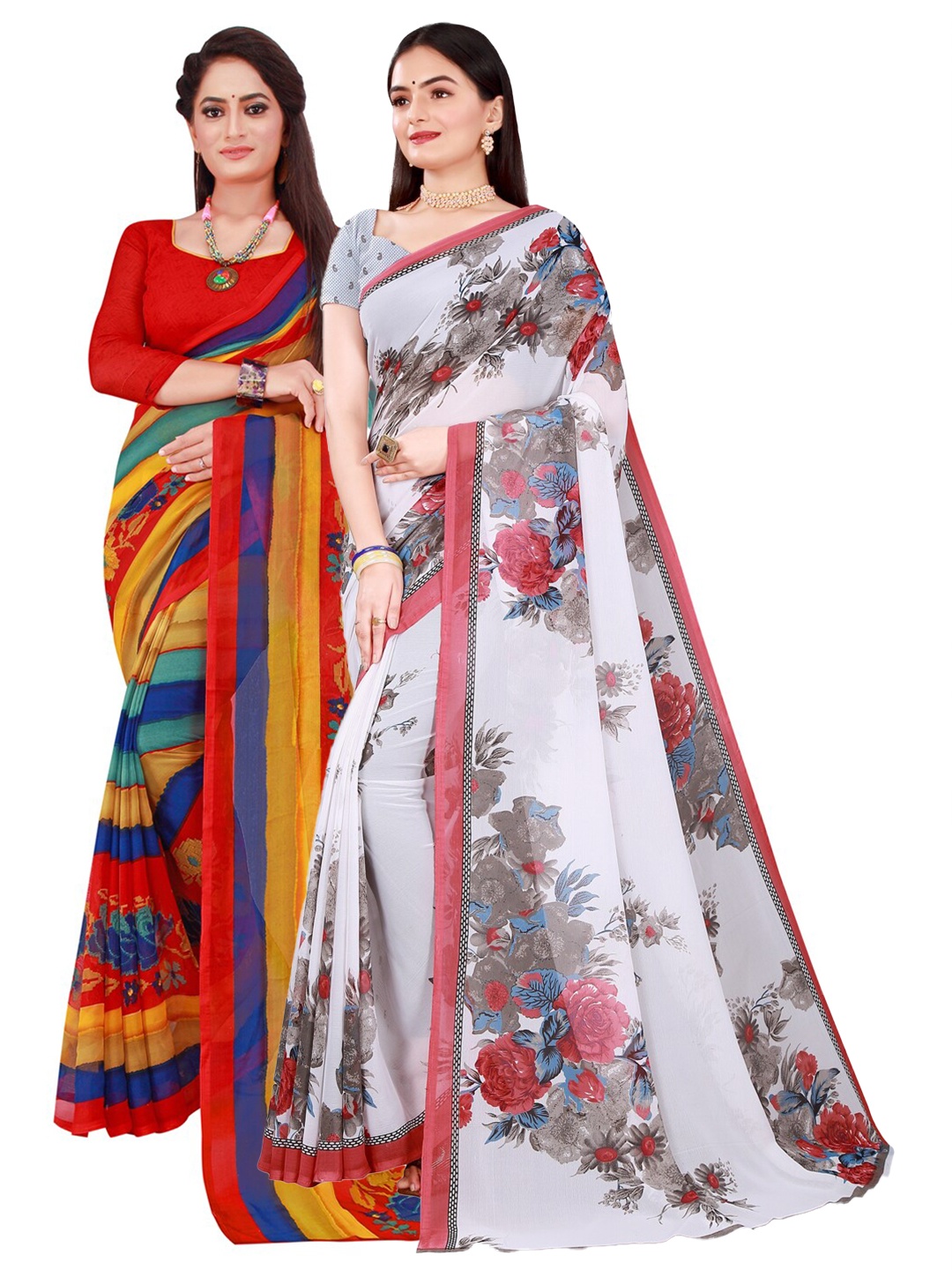 KALINI Pack Of 2 White & Grey Pure Georgette Saree