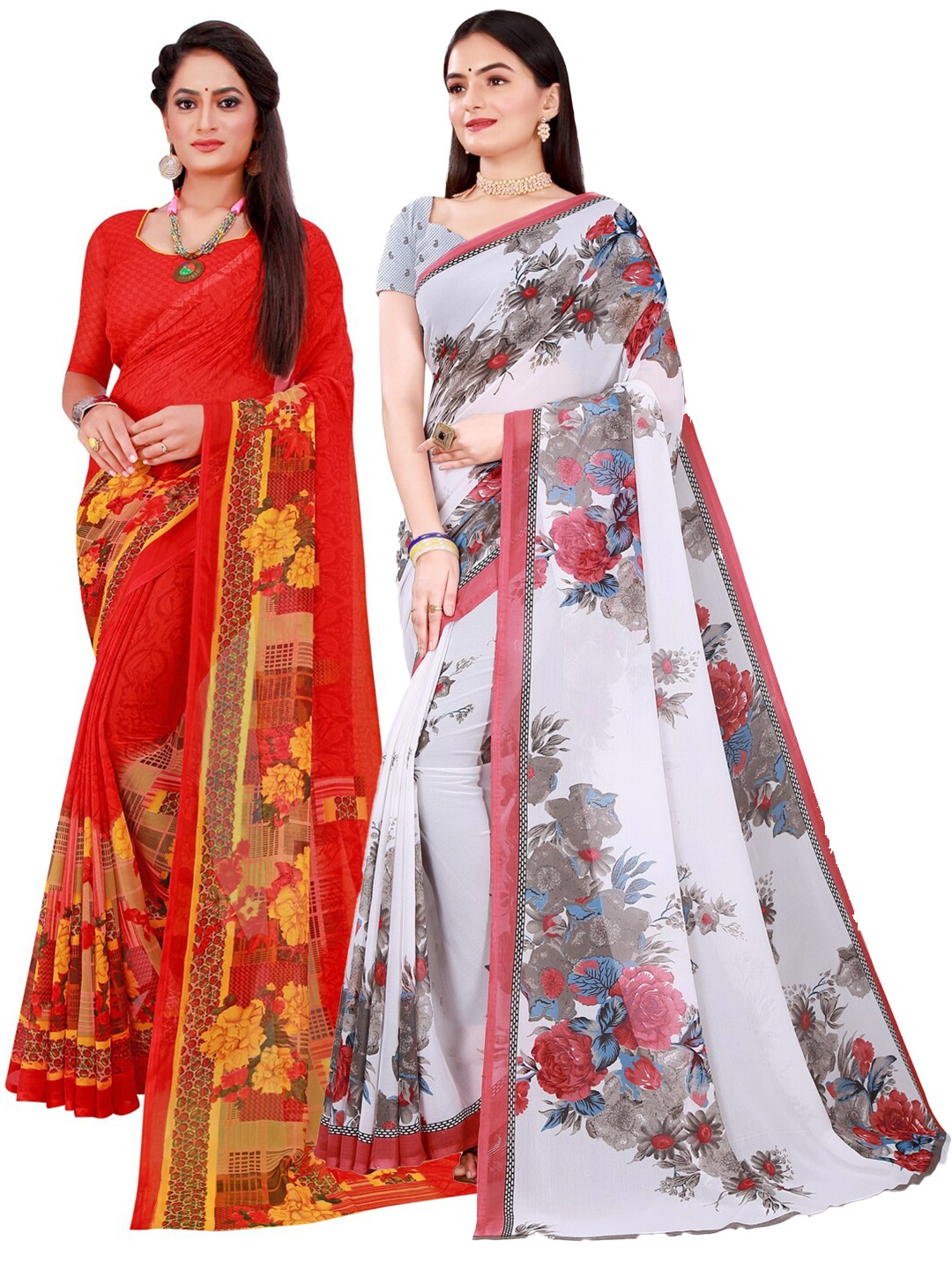 

KALINI Pack of 2 White & Red Floral Pure Georgette Saree