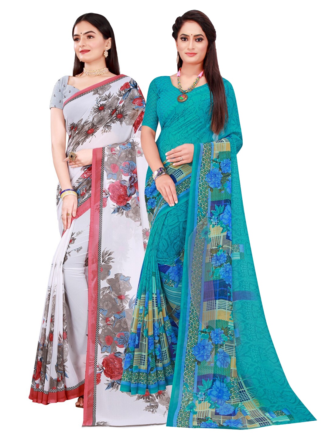 

KALINI Set Of 2 White & Blue Floral Pure Georgette Saree