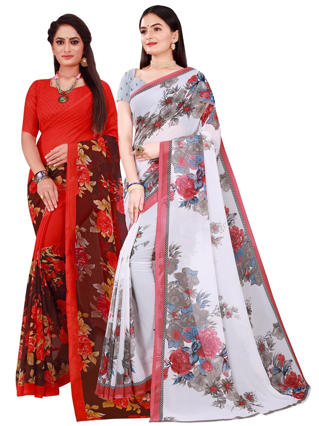 

KALINI White & Red Pack of 2 Pure Georgette Saree