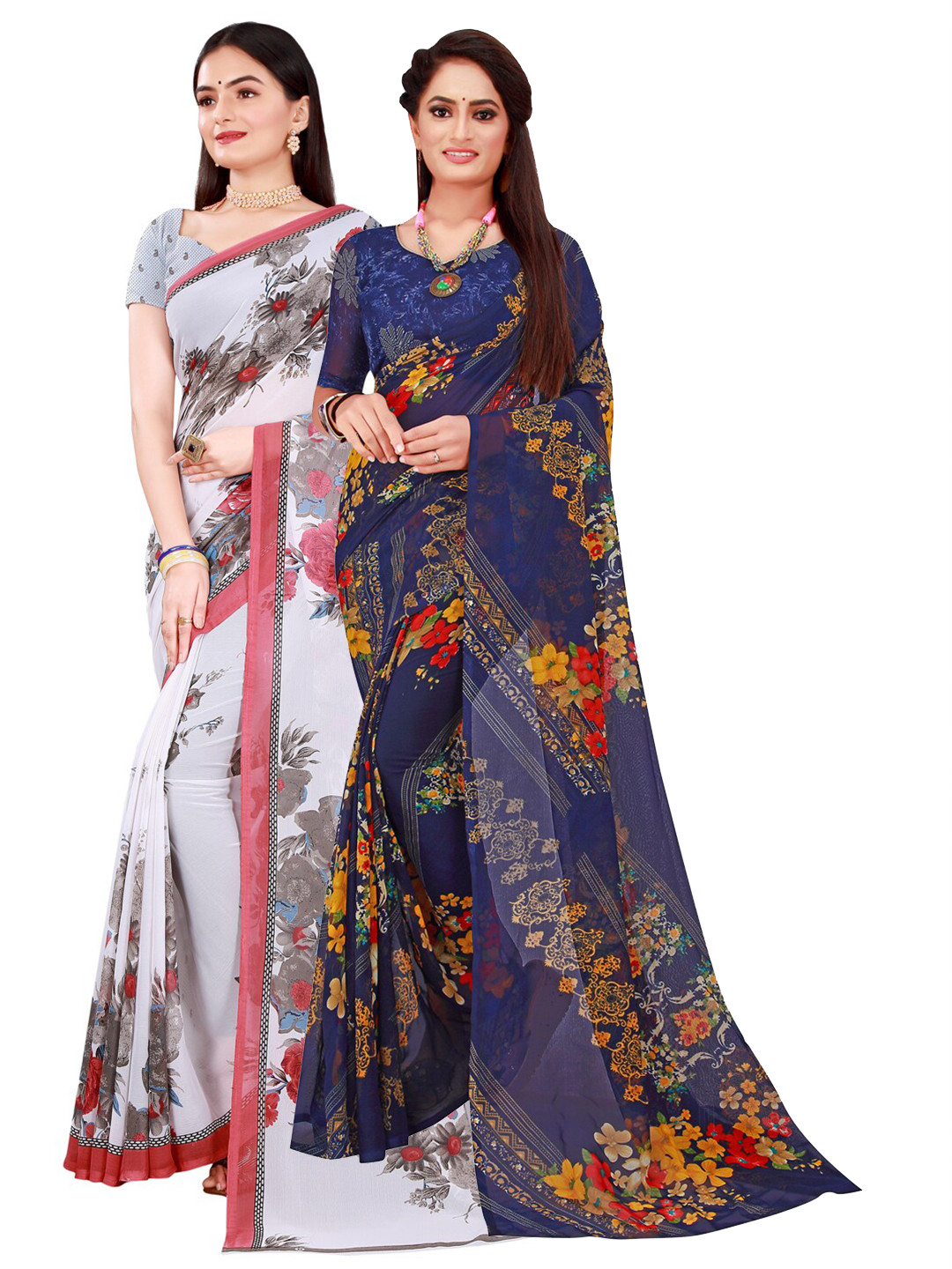 

KALINI Pack Of 2 White & Navy Blue Floral Pure Georgette Saree
