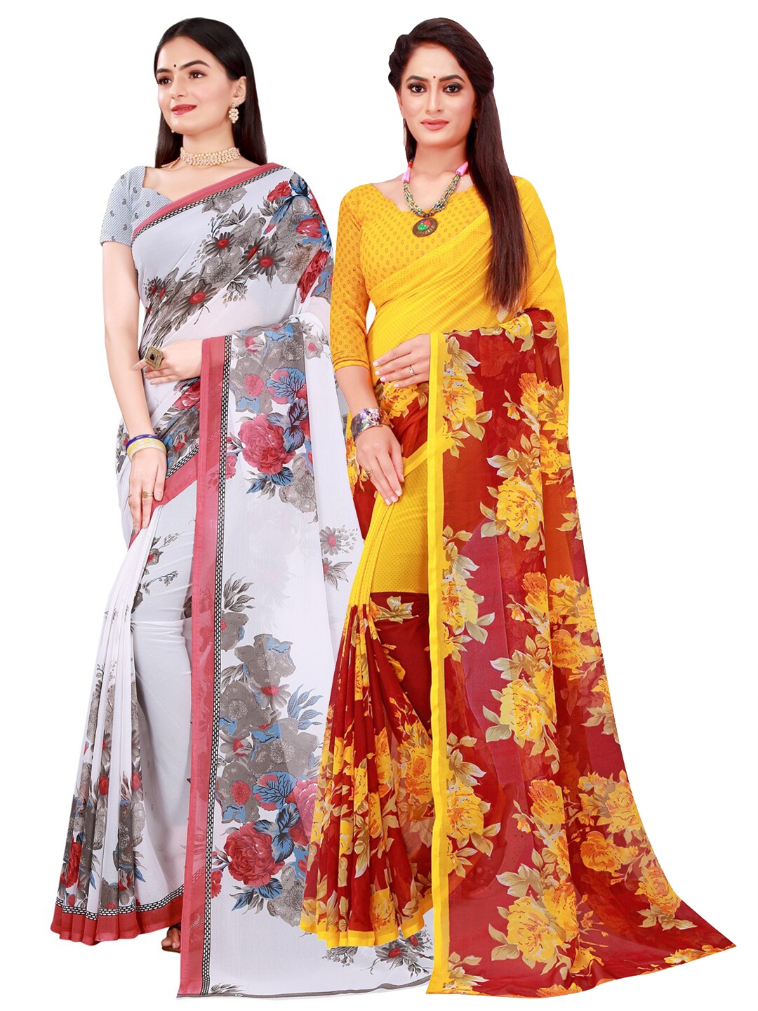 

KALINI White & Yellow 2 Pure Georgette Saree