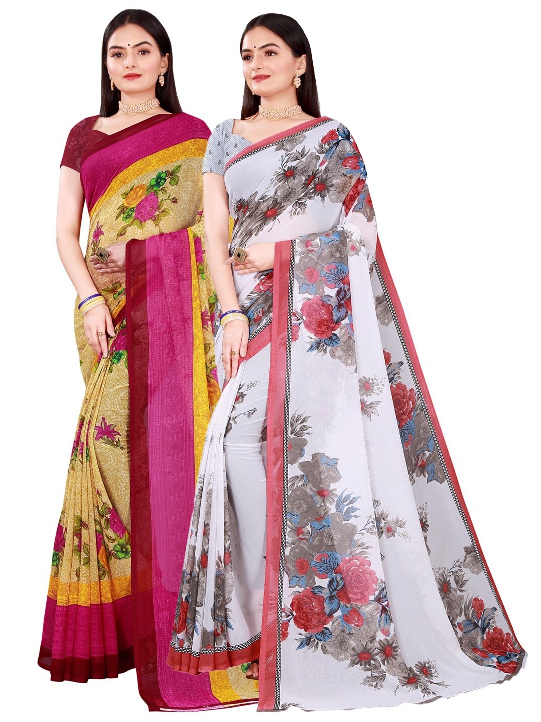 

KALINI Women's Georgette Beige And White Printed Combo Pack of 2 Saree