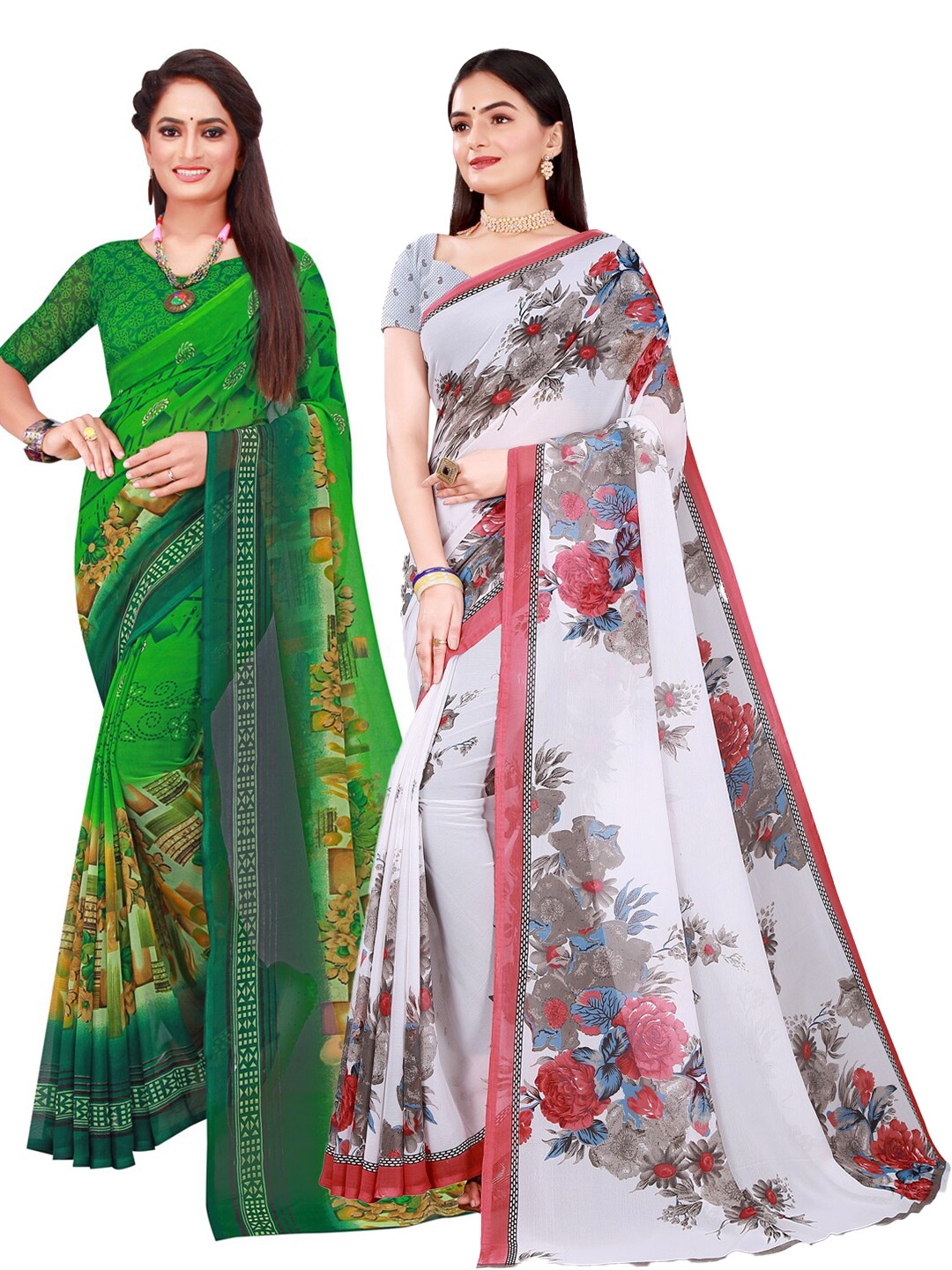 

KALINI Pack of 2 Women White & Green Floral Pure Georgette Saree