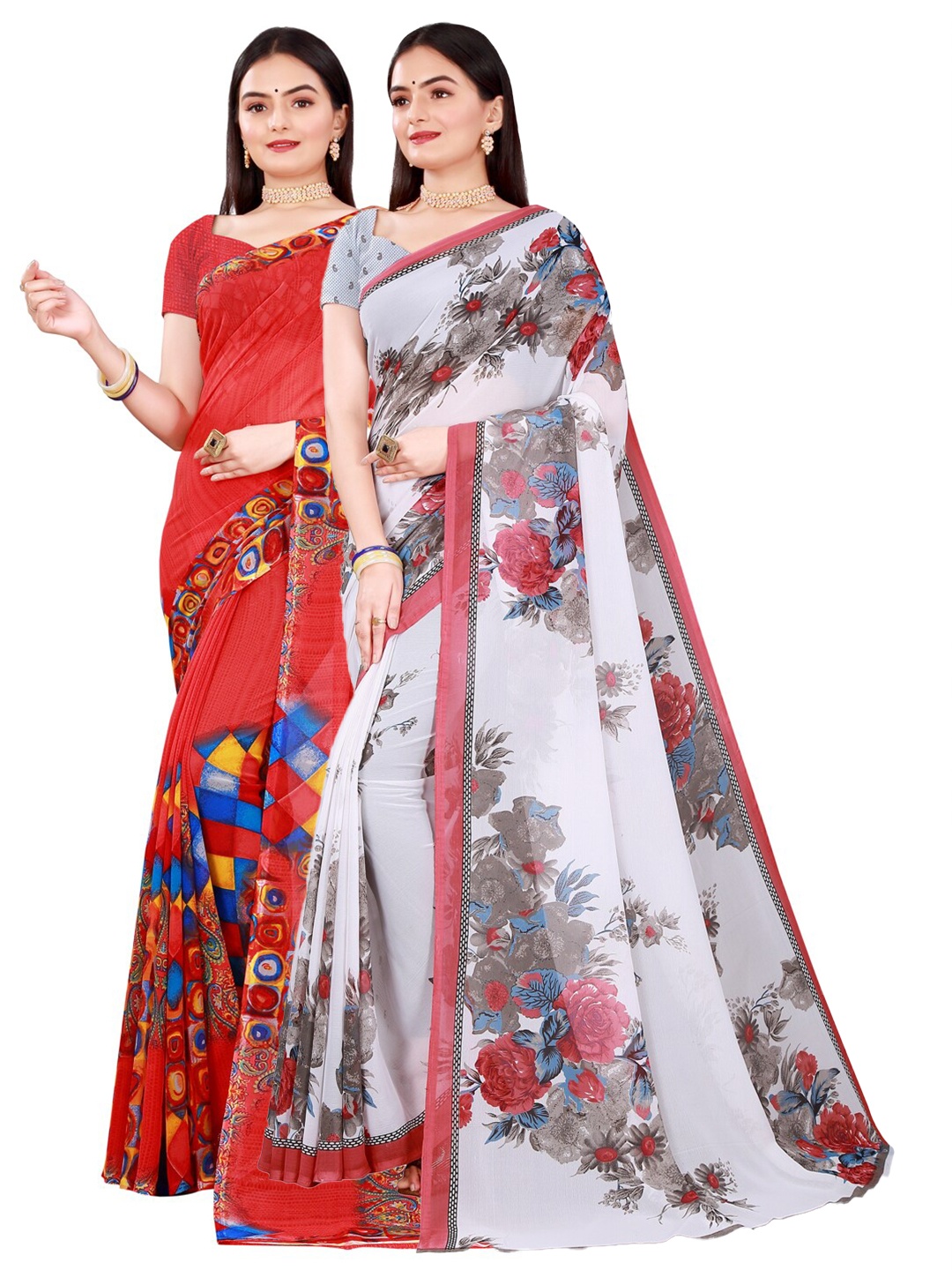 

KALINI Red & White Pure Georgette Saree