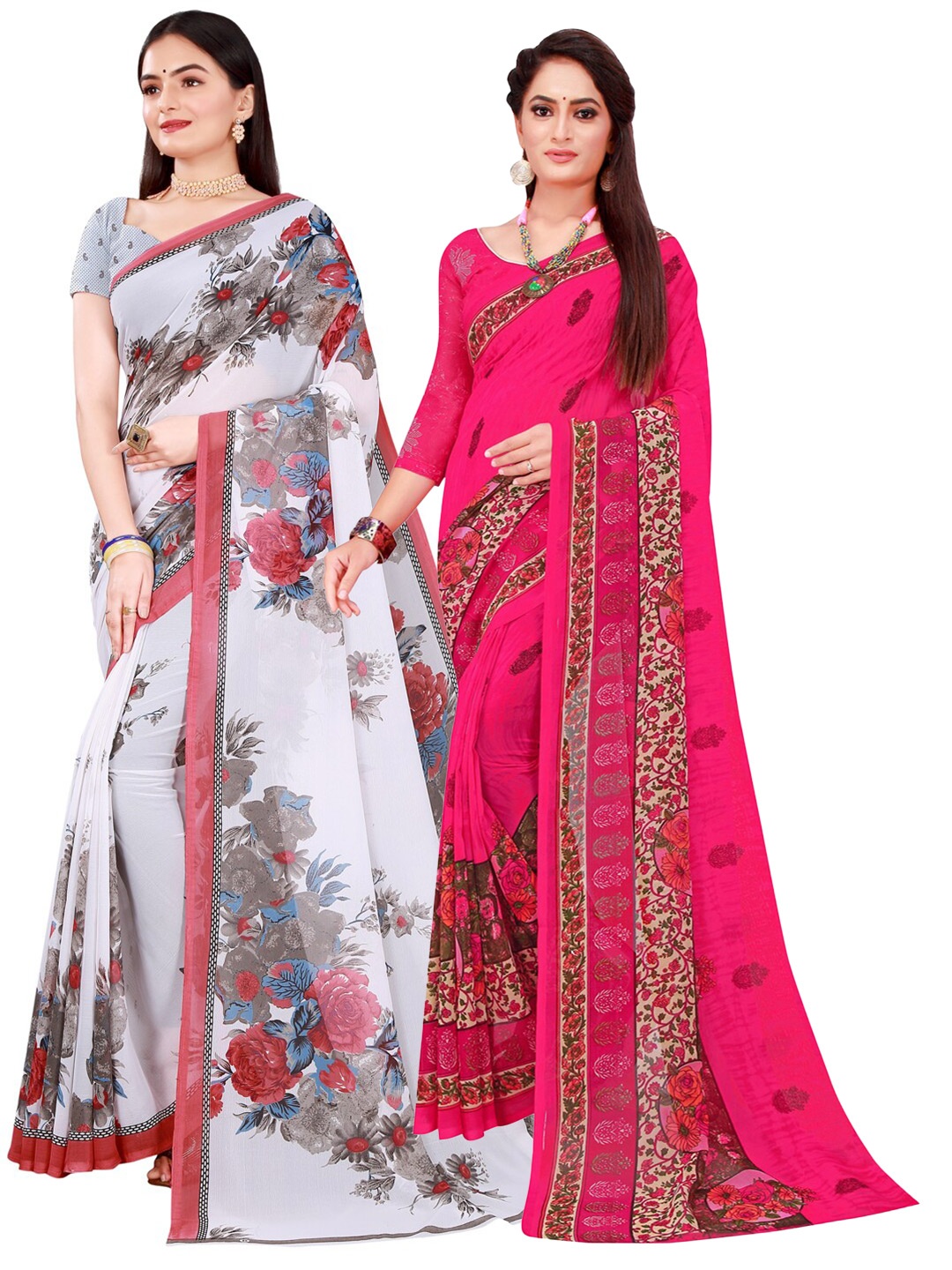 

KALINI Women Pack Of 2 White & Magenta Floral Pure Georgette Saree