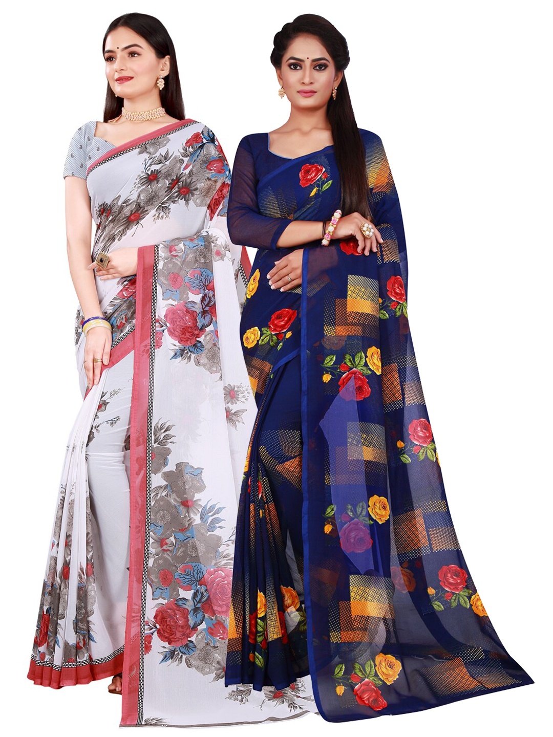 

KALINI White & Navy Blue Pure Georgette Saree