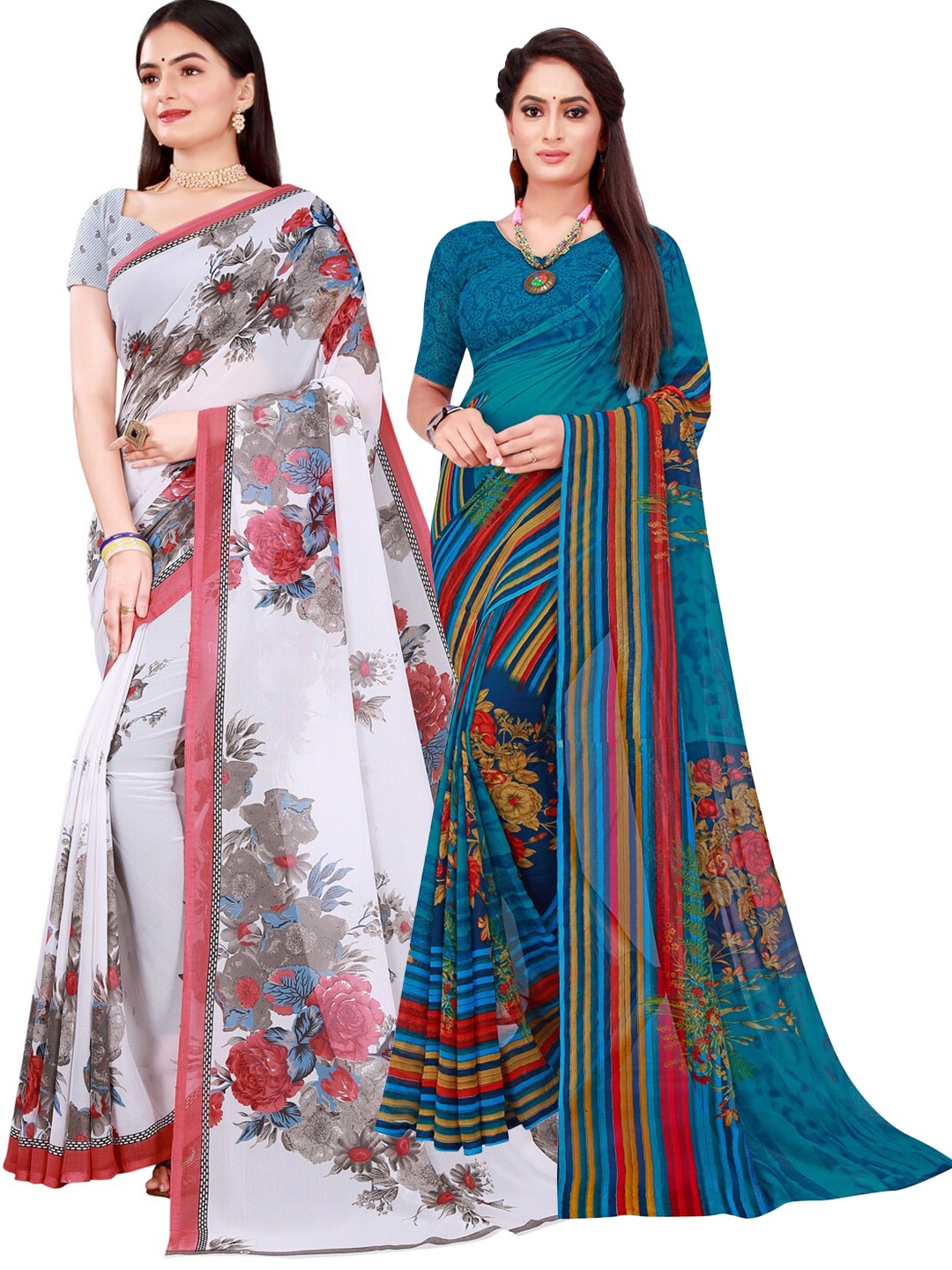 

KALINI Pack Of 2 White & Blue Floral Pure Georgette Saree