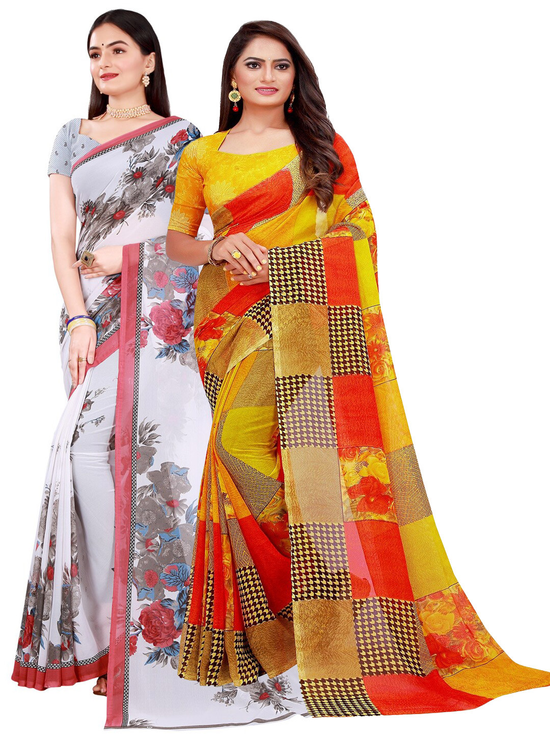 

KALINI Pack of 2 White & Yellow Floral Pure Georgette Saree