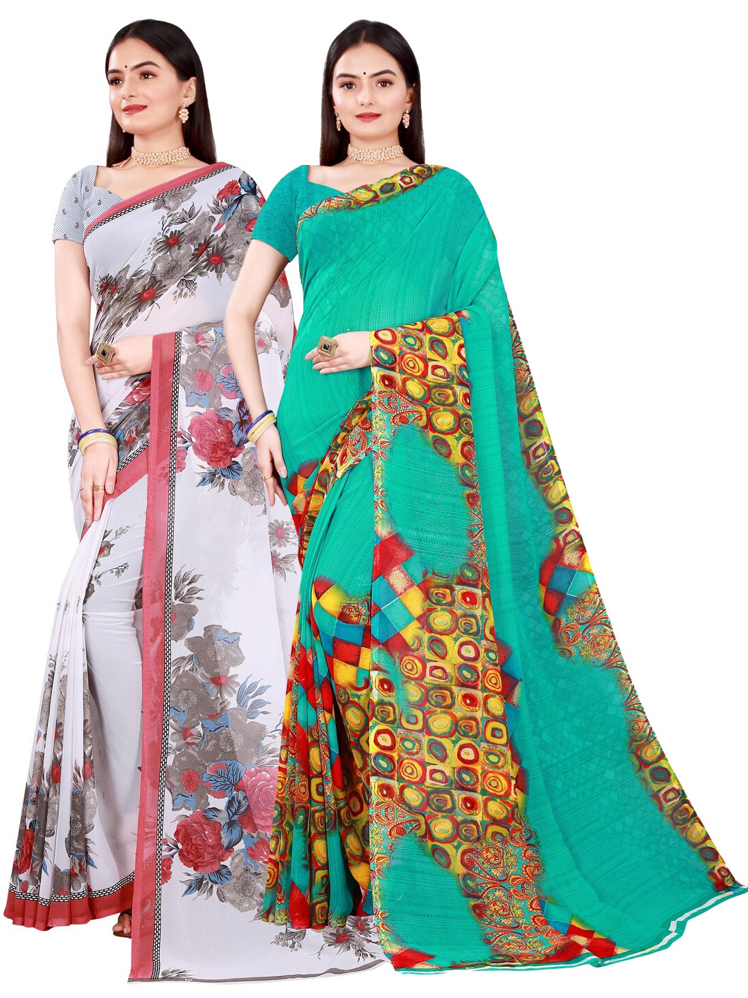 KALINI Pack Of 2 White & Blue Floral Pure Georgette Saree