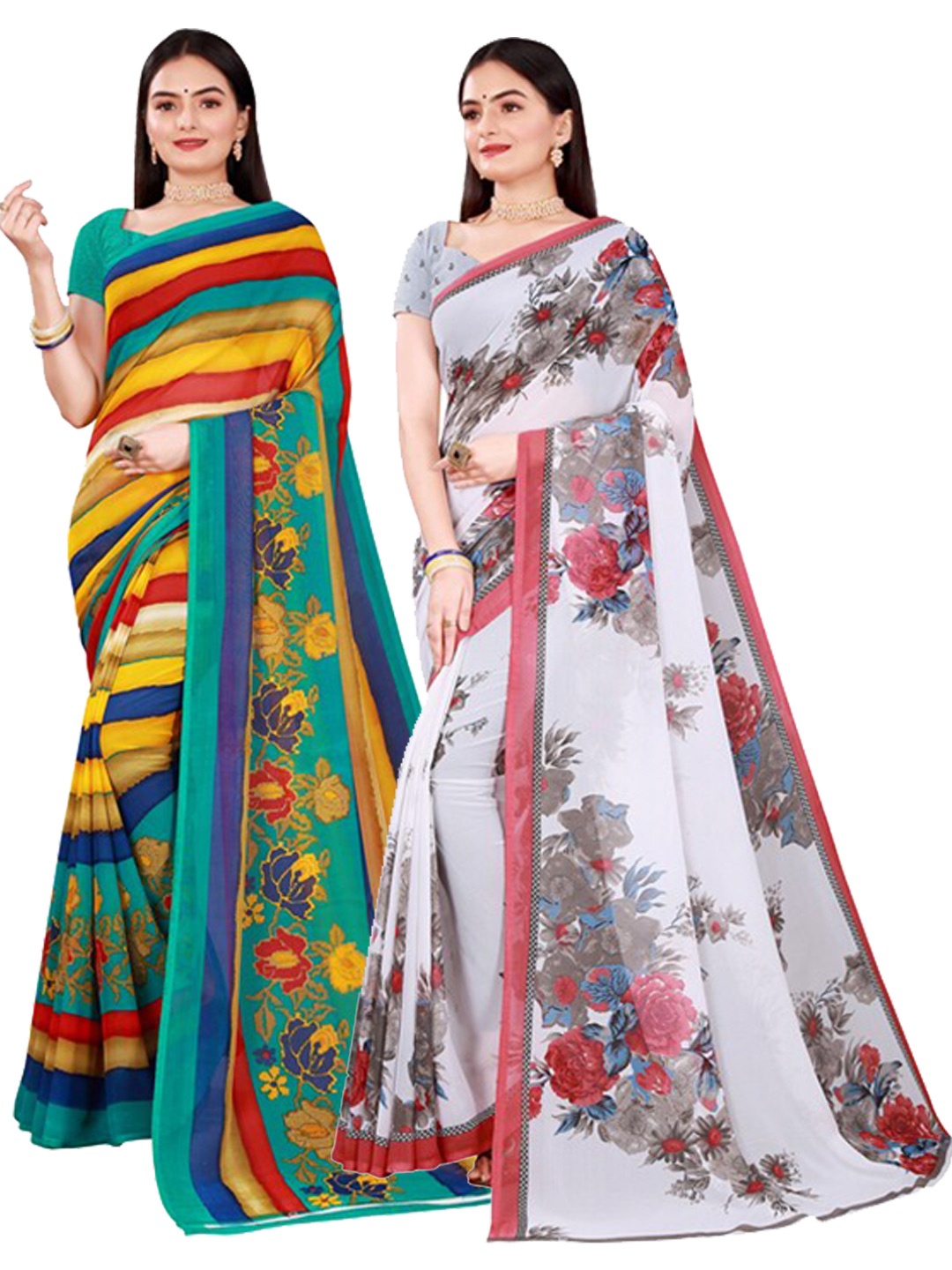 

KALINI Women Pack Of 2 White & Green Printed Pure Georgette Saree