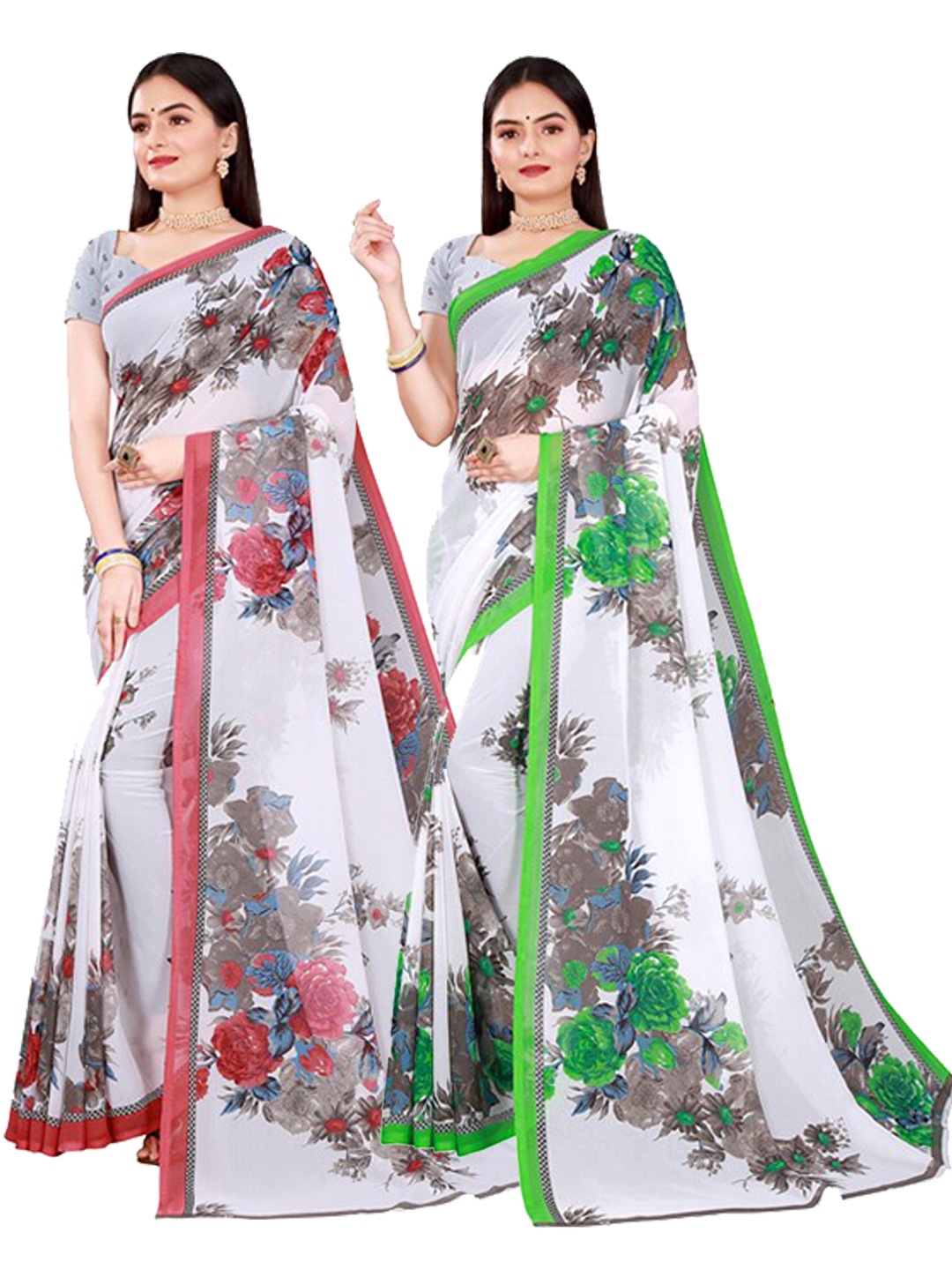

KALINI Pack Of 2 White & Grey Floral Pure Georgette Saree