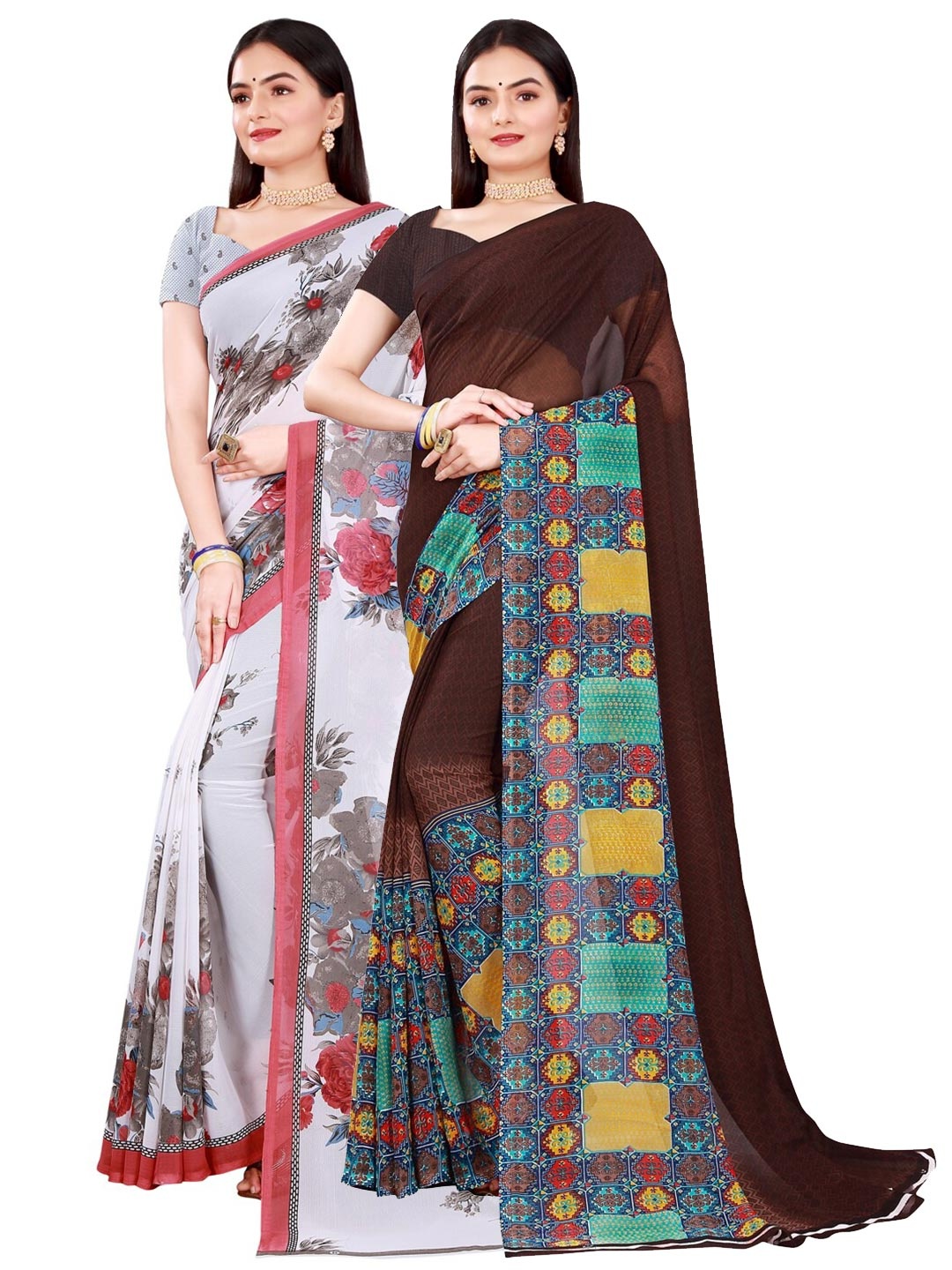 

KALINI Pack of 2 Brown & White Pure Georgette Sarees