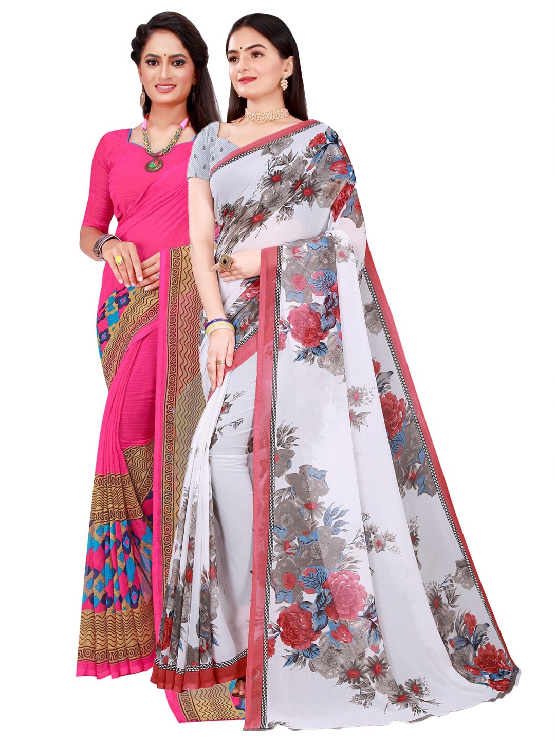 

KALINI Pink & White Pure Georgette Pack Of 2 Saree