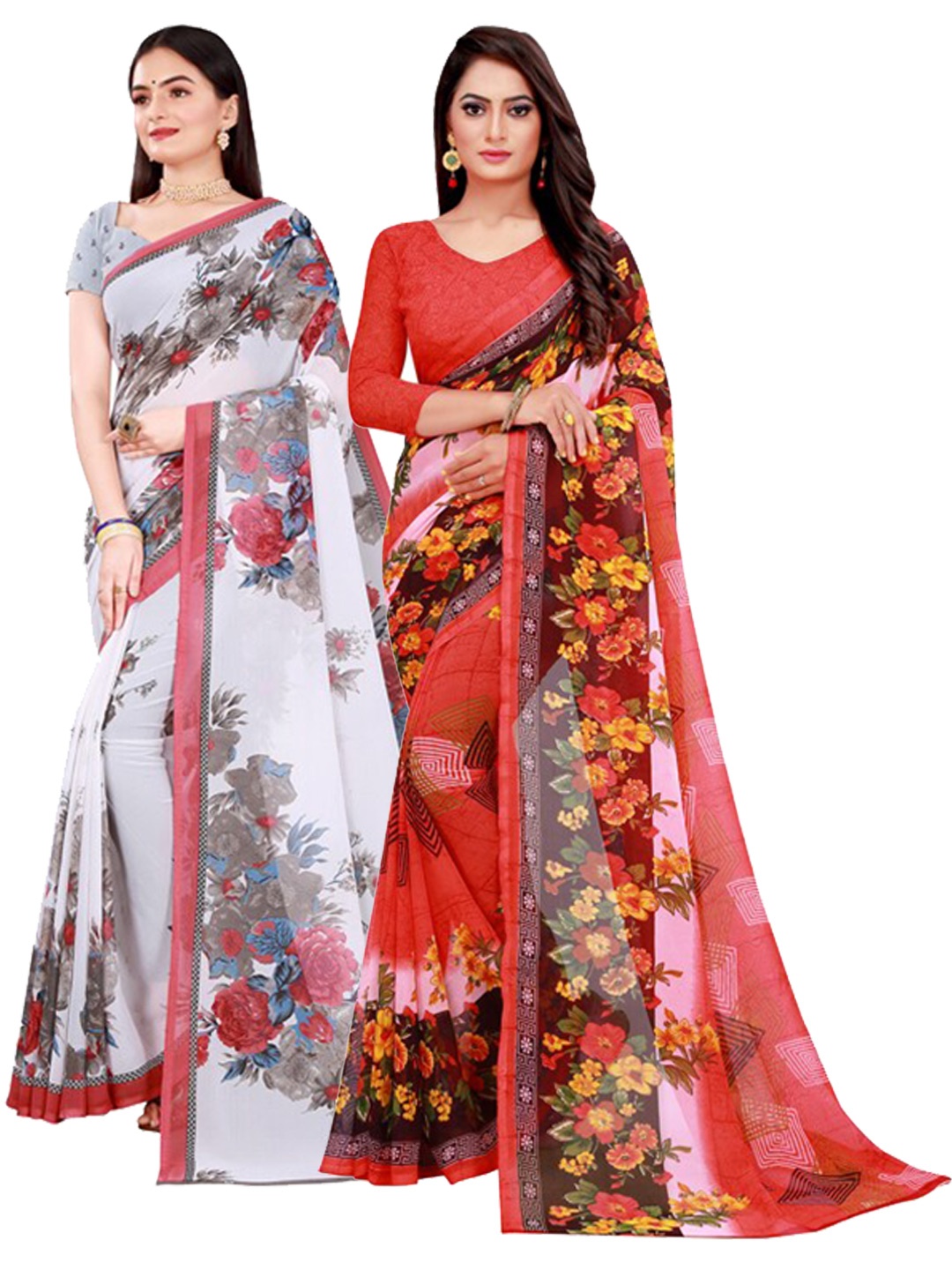

KALINI White & Red Pack of 2 Floral Pure Georgette Saree