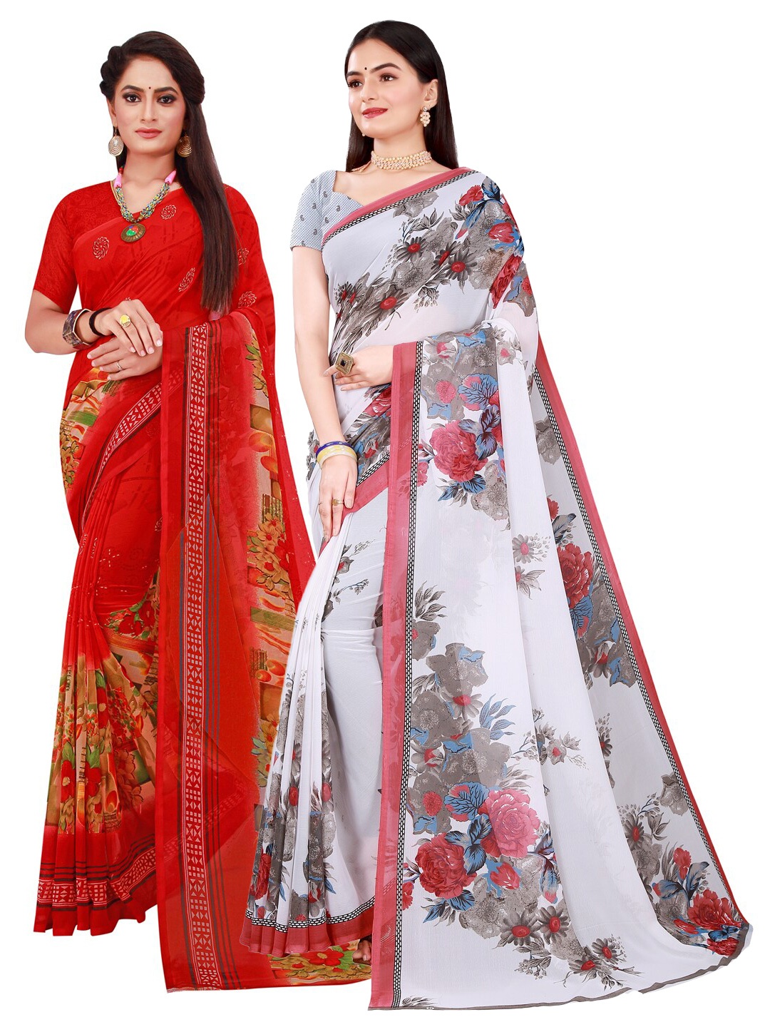 

KALINI Pack of 2 White & Red Floral Pure Georgette Saree