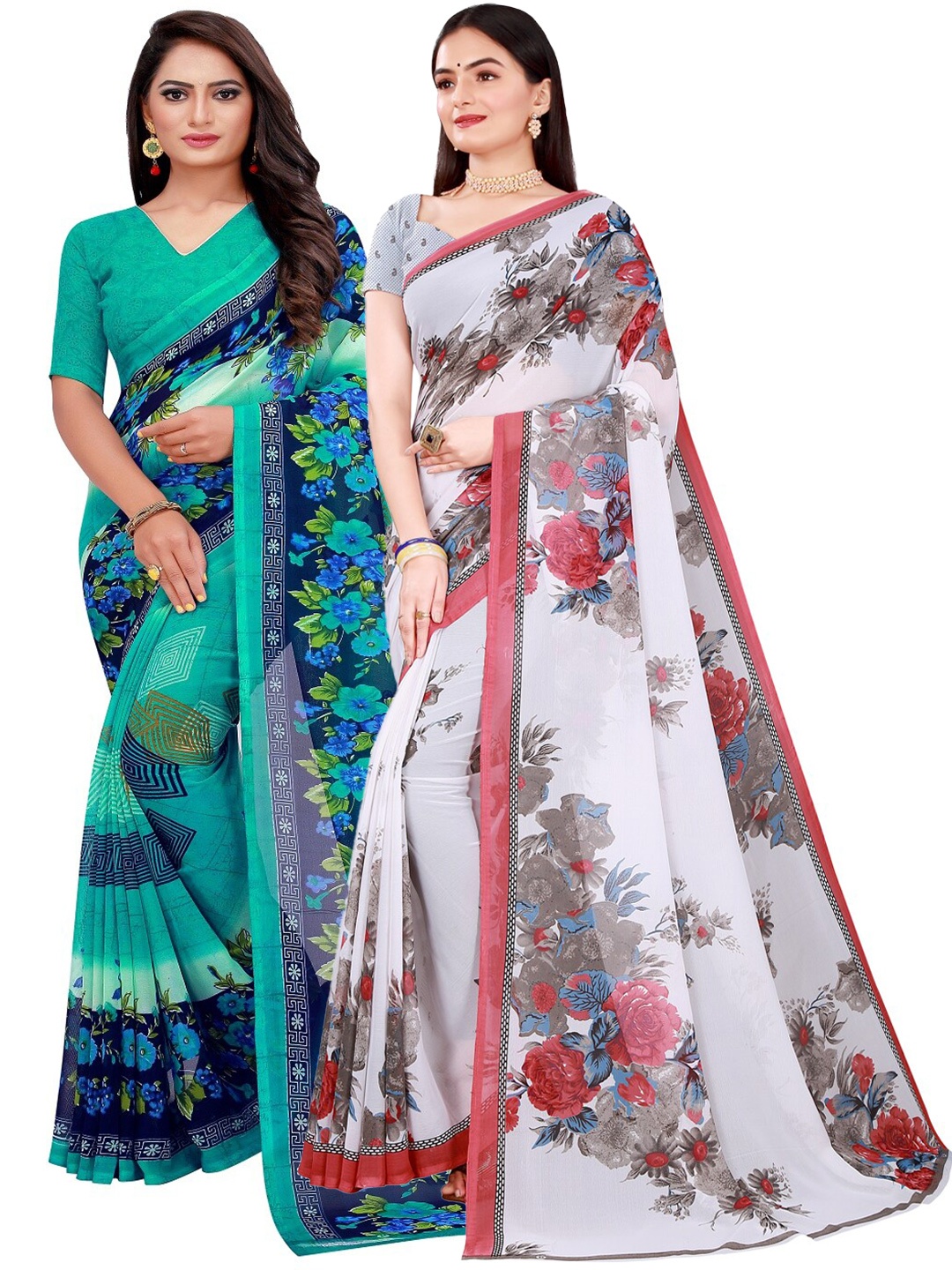 

KALINI Green & White Floral Pure Georgette Saree