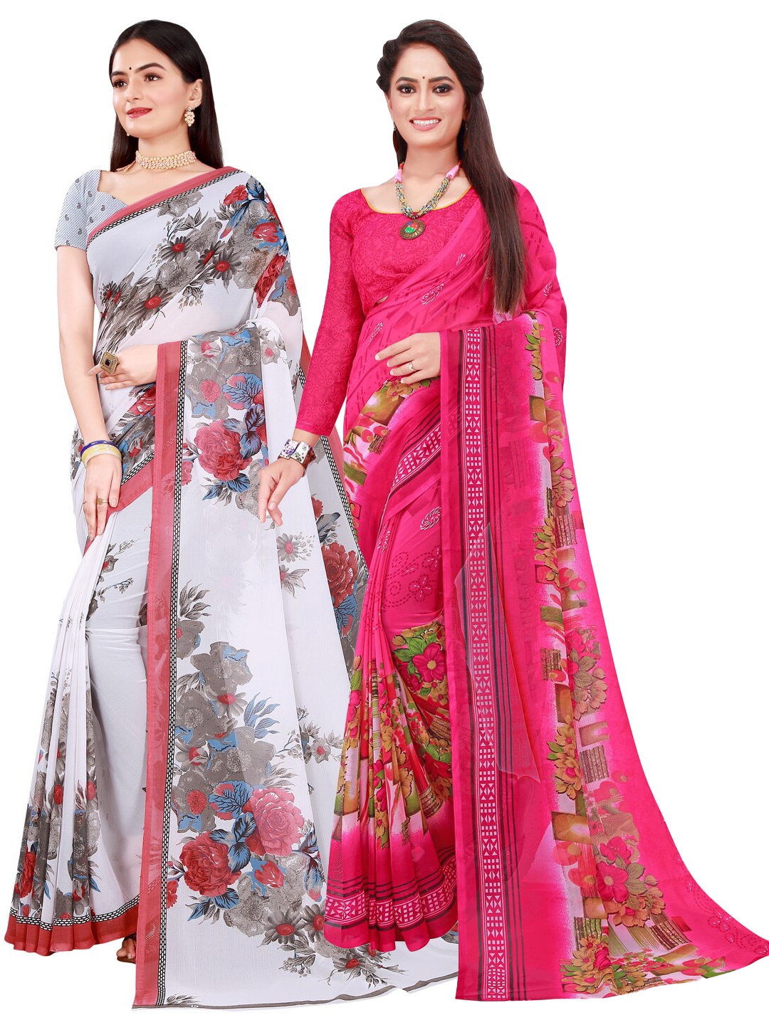 

KALINI White & Pink Floral Pure Georgette Saree