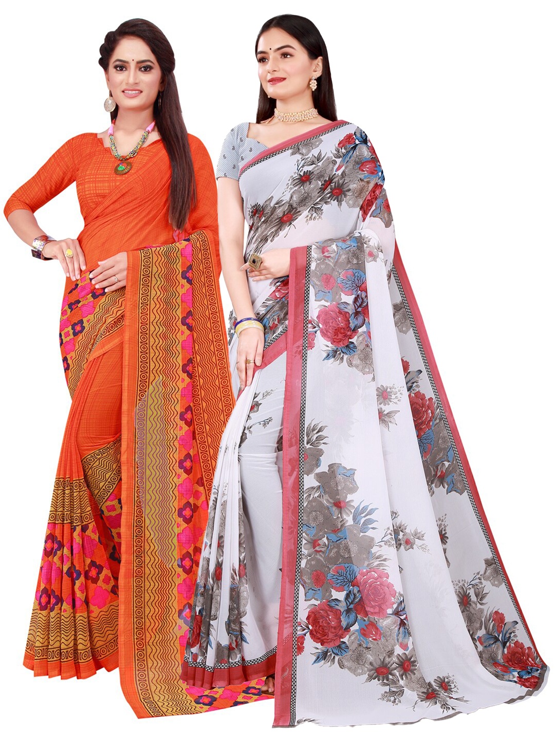 

KALINI Set Of 2 Orange & White Floral Pure Georgette Saree