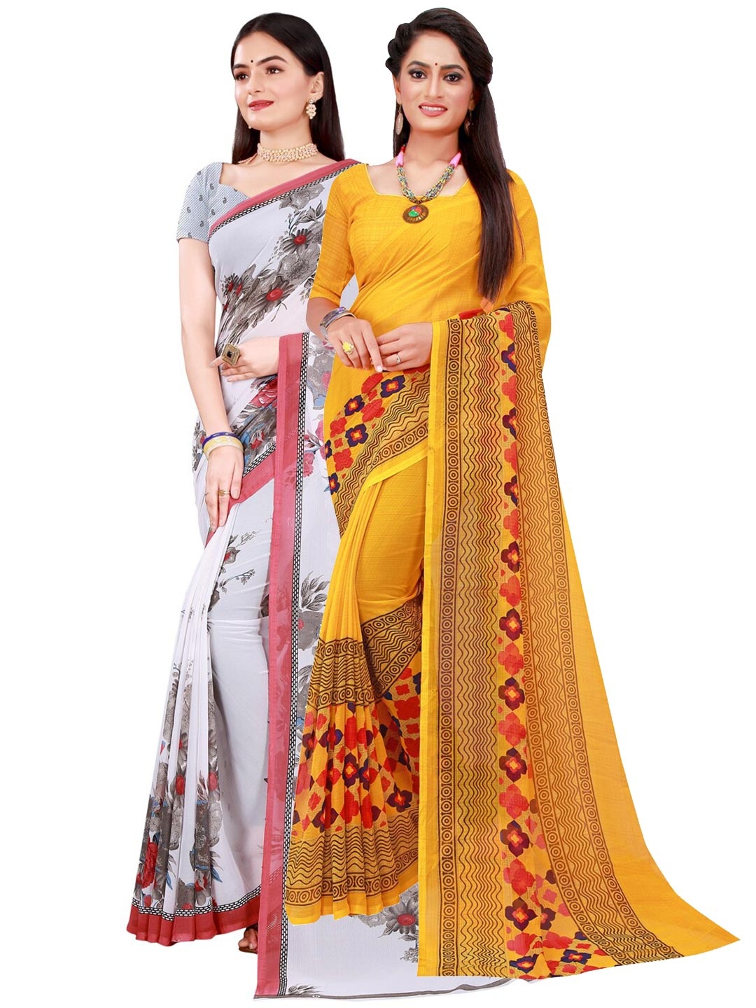 

KALINI Set Of 2 Yellow & White Pure Georgette Sarees