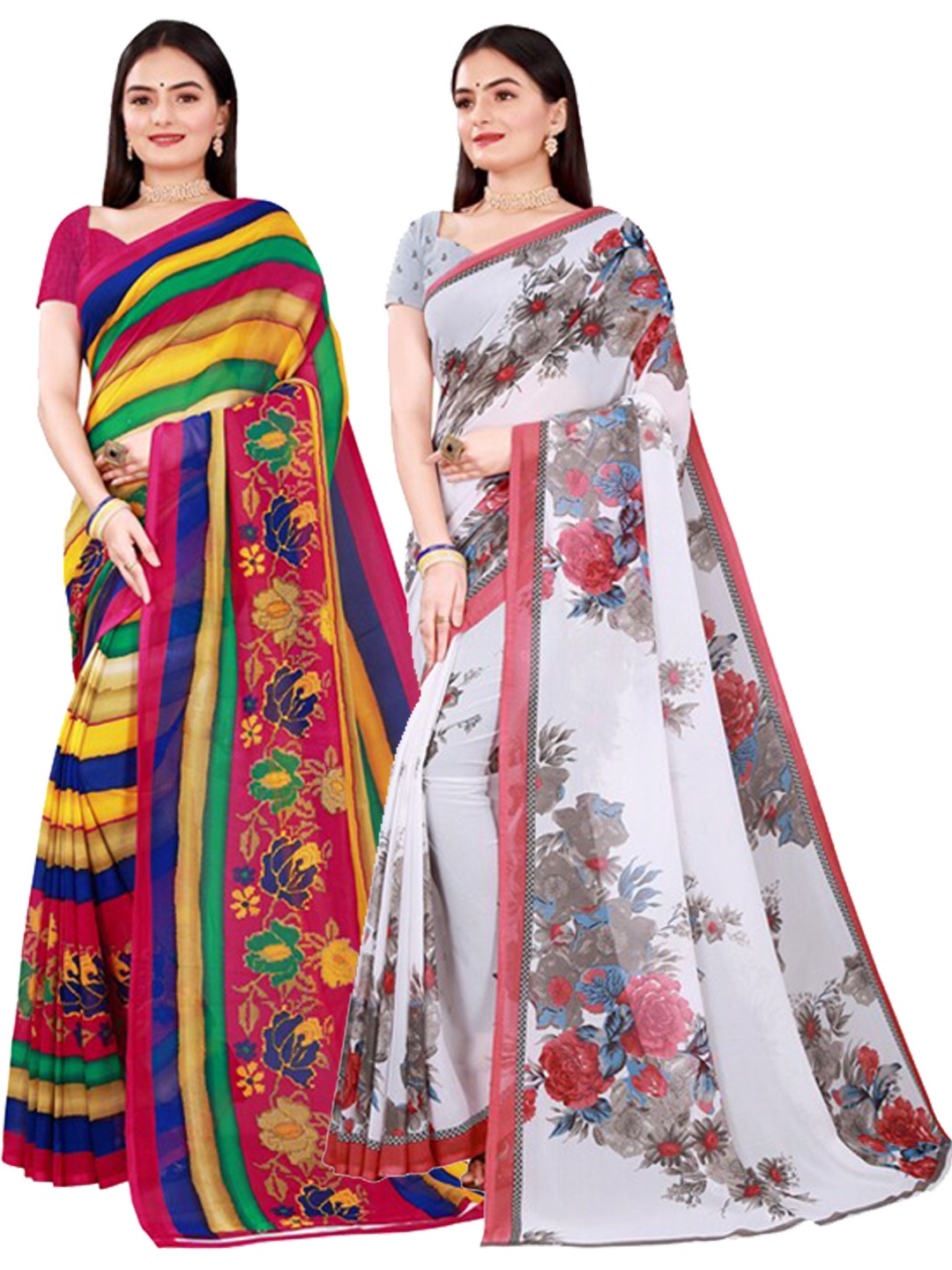 KALINI White & Yellow Floral Pure Georgette Saree