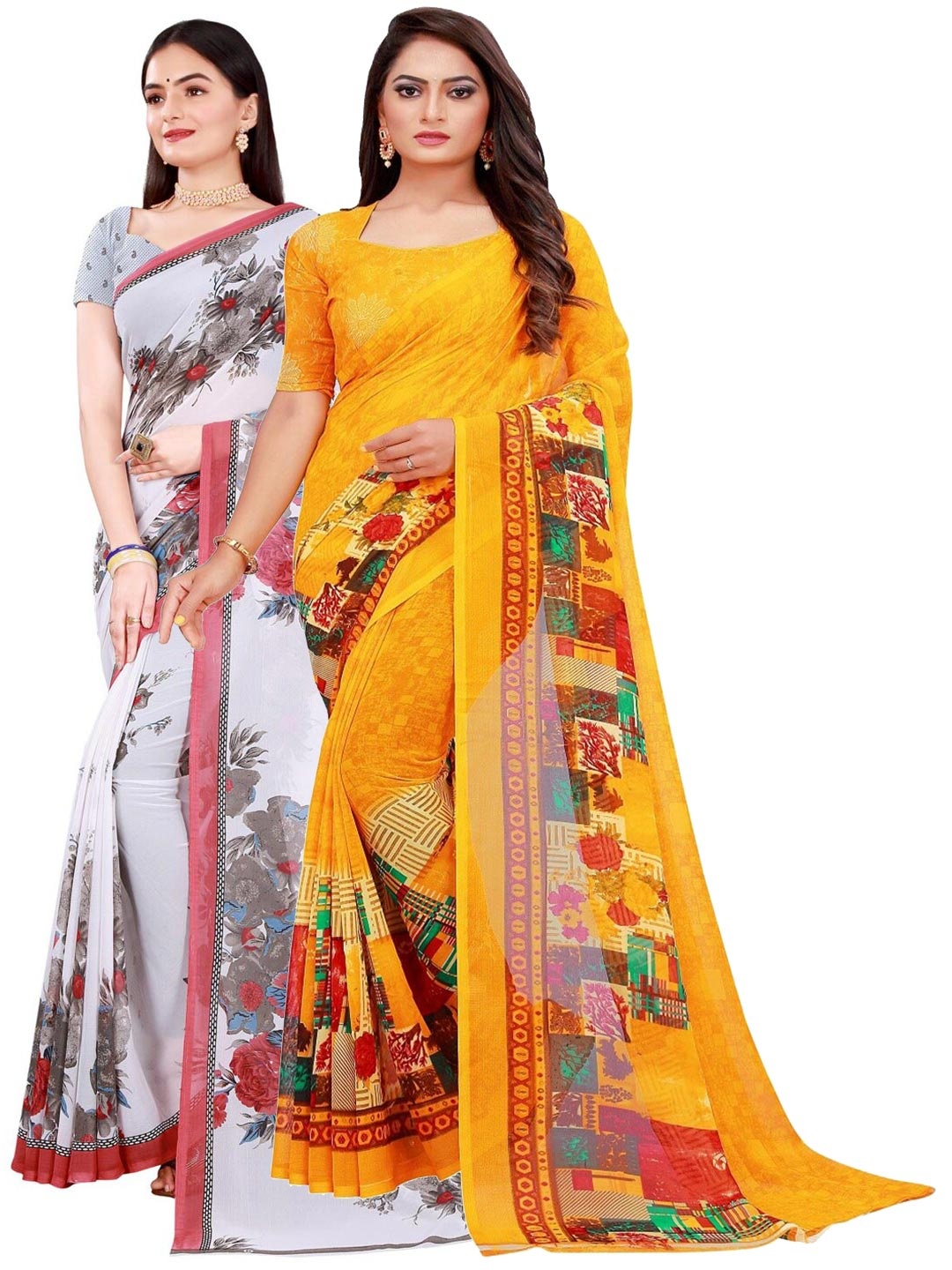 

KALINI Pack Of 2 White & Yellow Floral Pure Georgette Saree