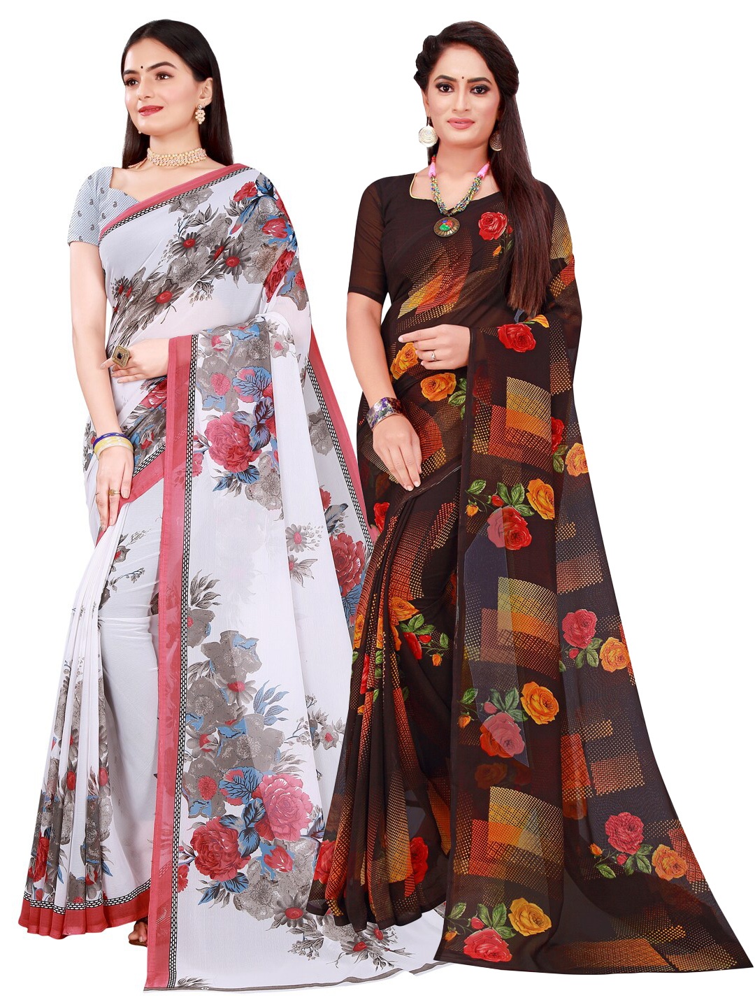 

KALINI Pack Of 2 Women White & Brown Floral Pure Georgette Saree