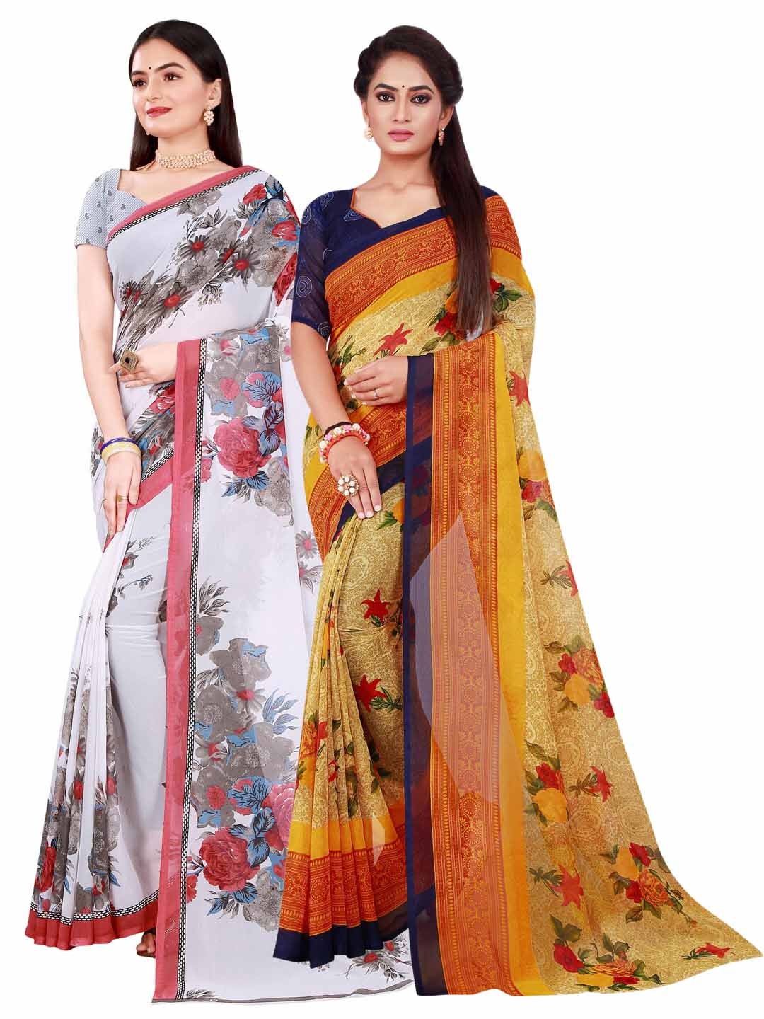 

KALINI Pack Of 2 White & Beige Pure Georgette Saree