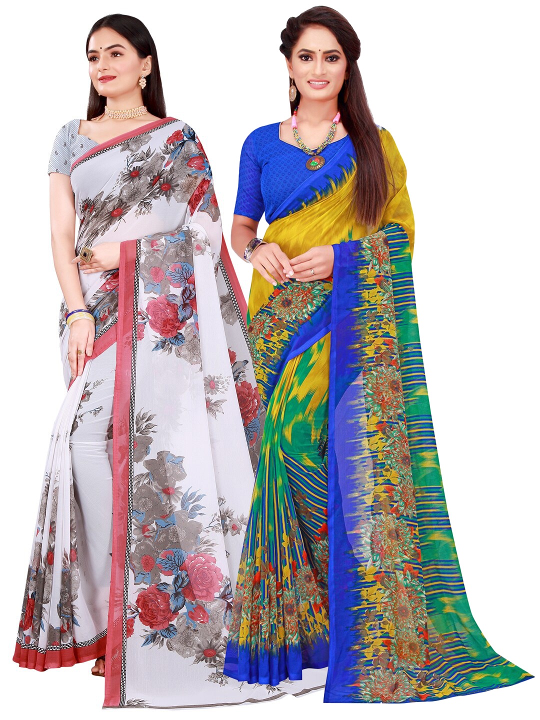

KALINI Set Of 2 White & Grey Floral Pure Georgette Saree