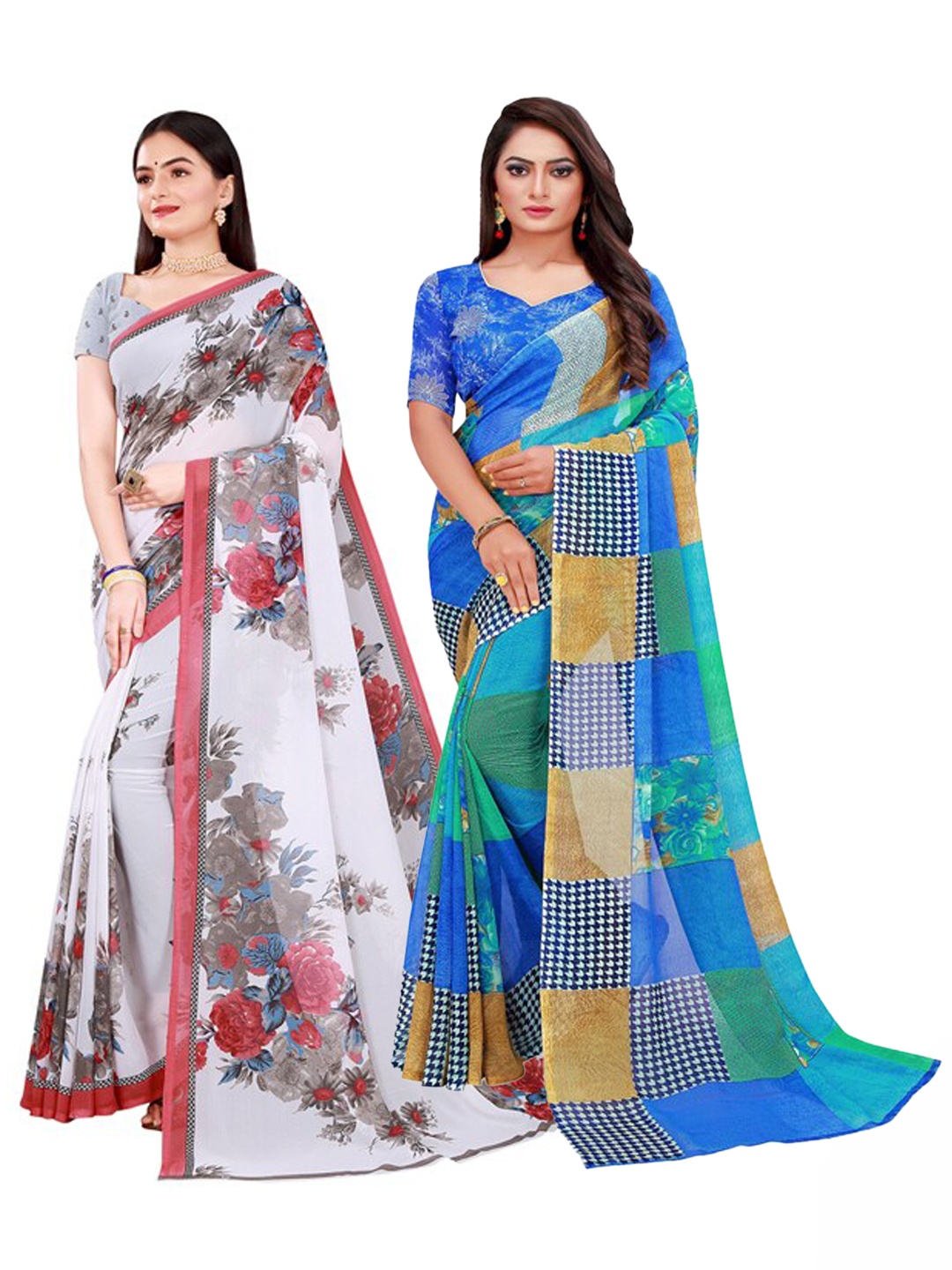 

KALINI Pack of 2 Blue & White Floral Pure Georgette Saree