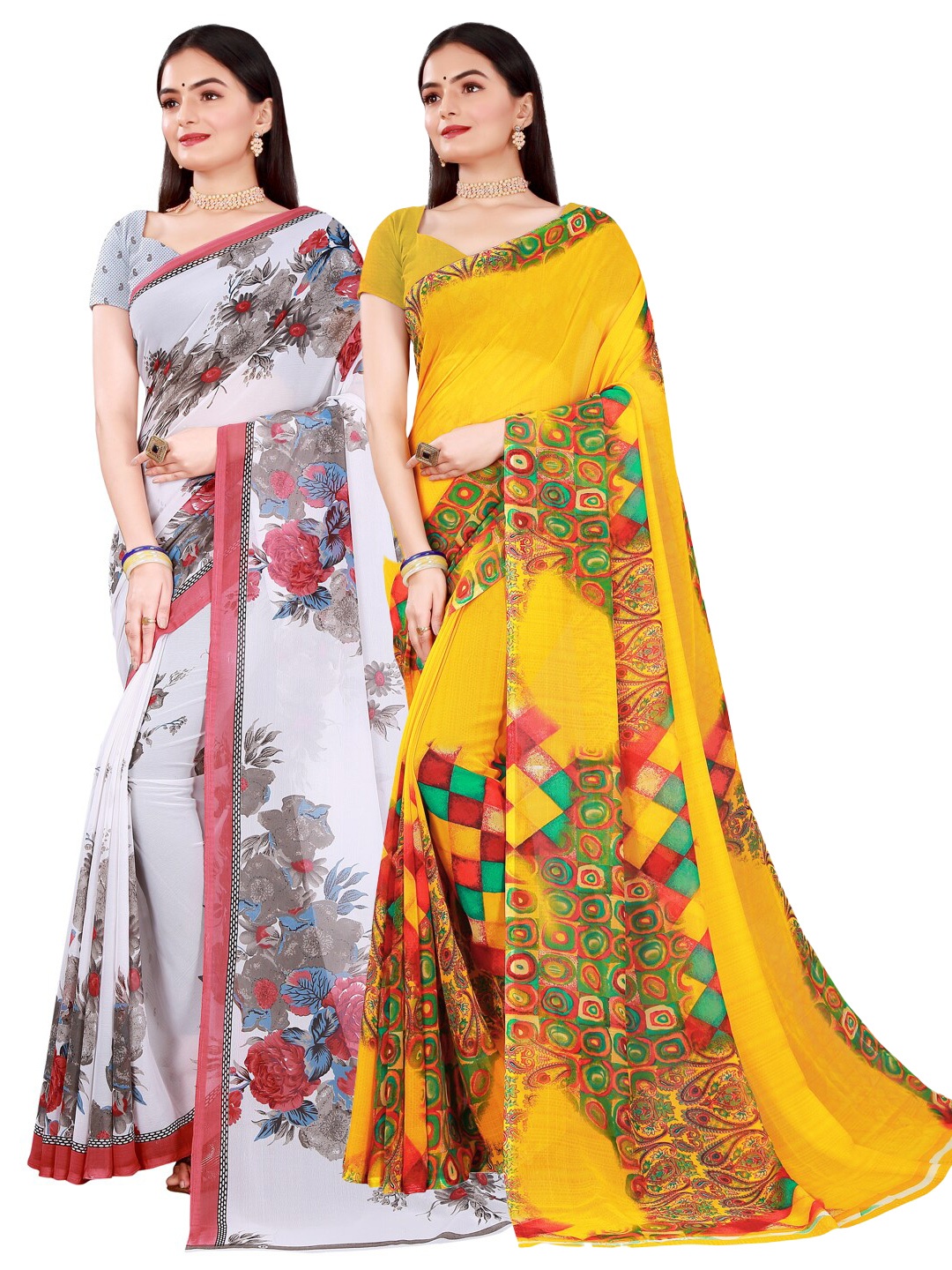 

KALINI Pack Of 2 White & Yellow Pure Georgette Saree