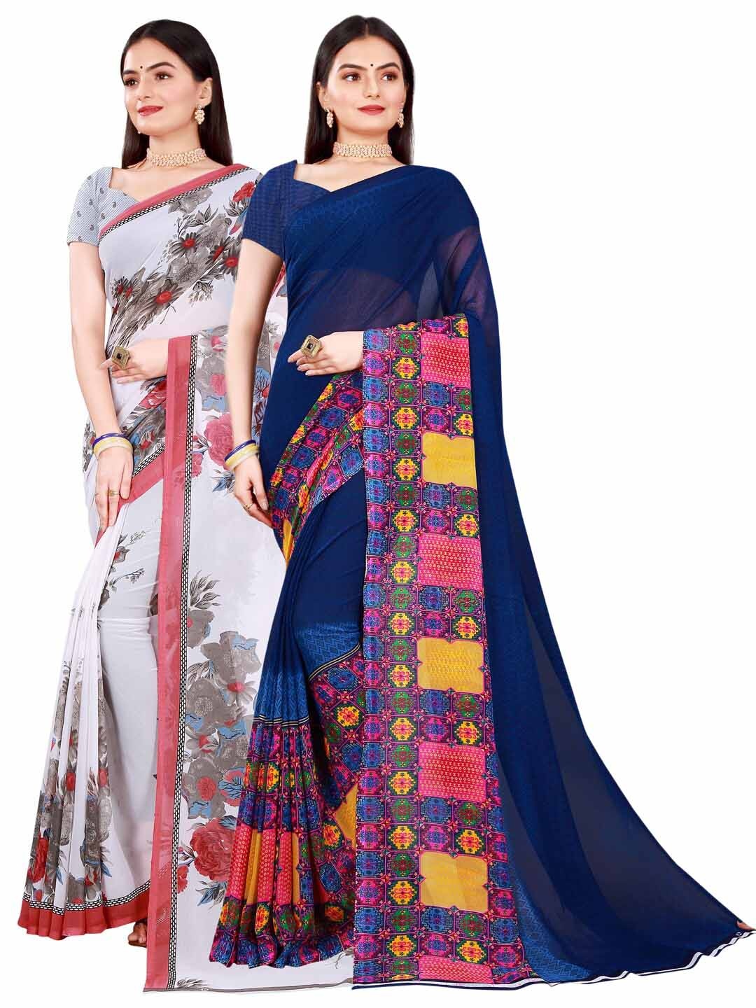 

KALINI White & Navy Blue 2 Pure Georgette Saree