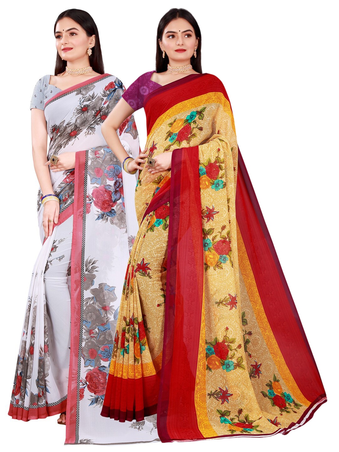 

KALINI Pack of 2 White & Beige Floral Pure Georgette Saree