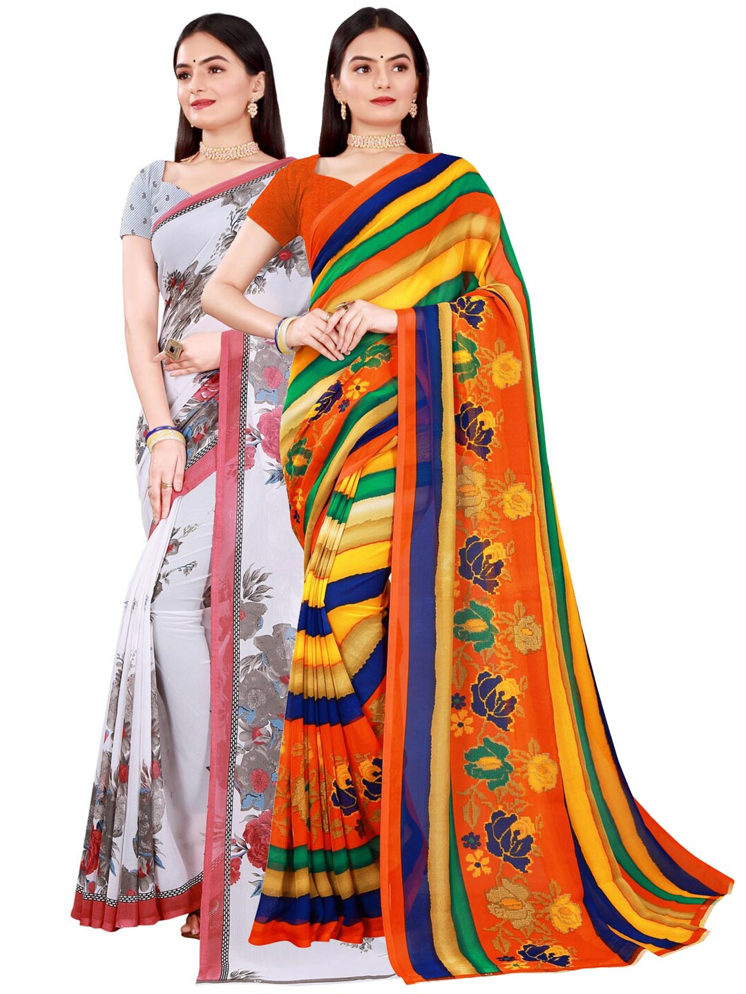 

KALINI Women White & Grey Floral Pure Georgette Saree