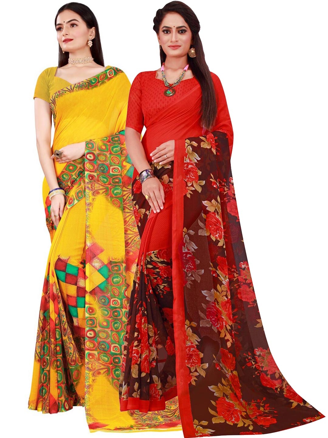 

KALINI Pack Of 2 Yellow & Red Floral Pure Georgette Saree