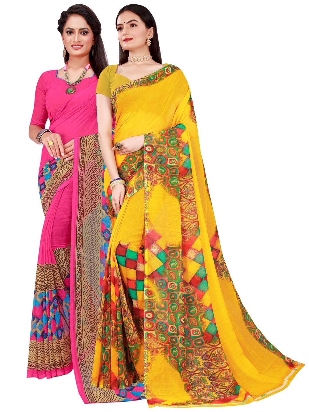 

KALINI Women Pack of 2 Yellow & Pink Geometric Printed Pure Georgette Saree