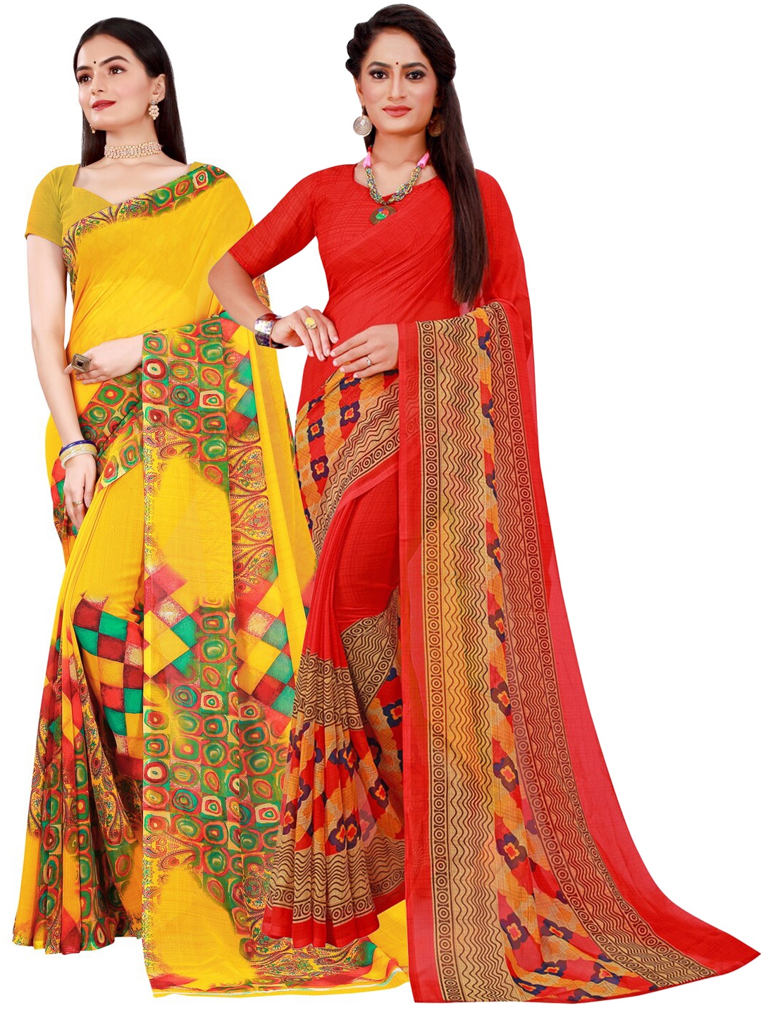 

KALINI Pack of 2 Yellow & Red Floral Pure Georgette Saree