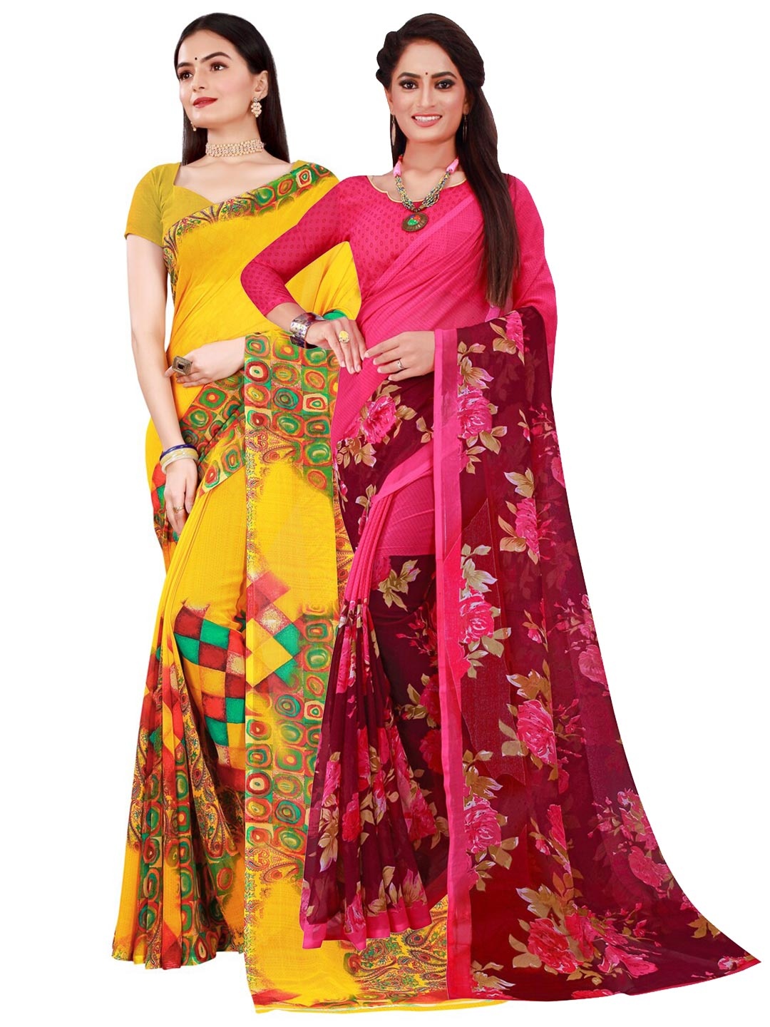 

KALINI Yellow & Magenta Floral Pure Georgette Saree