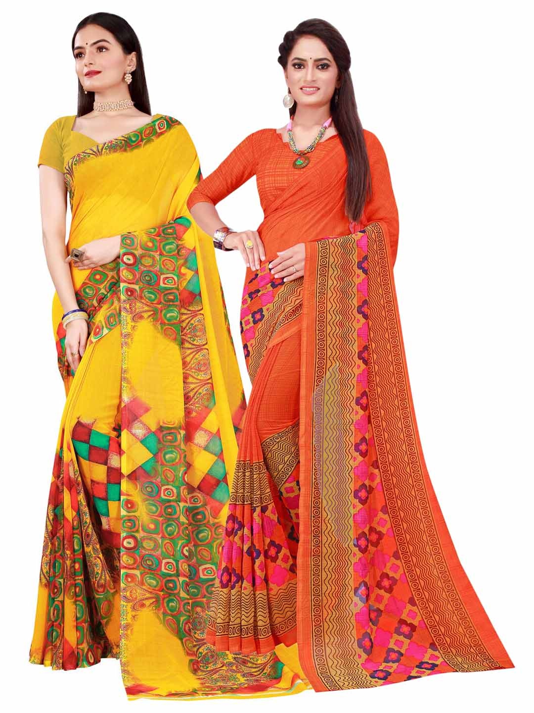 

KALINI Pack of 2 Yellow & Orange Pure Georgette Sarees
