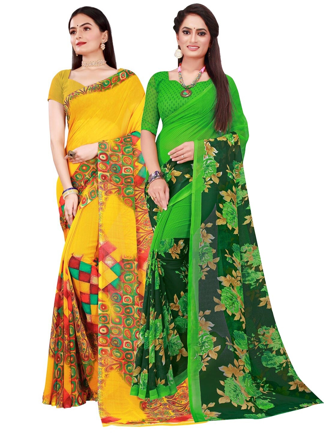 

KALINI Yellow & Green Pack Of 2 Floral Pure Georgette Saree