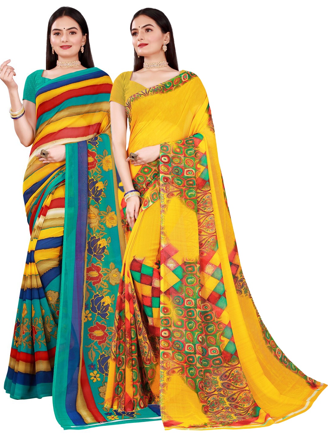 

KALINI Pack Of 2 Yellow & Navy Blue Pure Georgette Saree