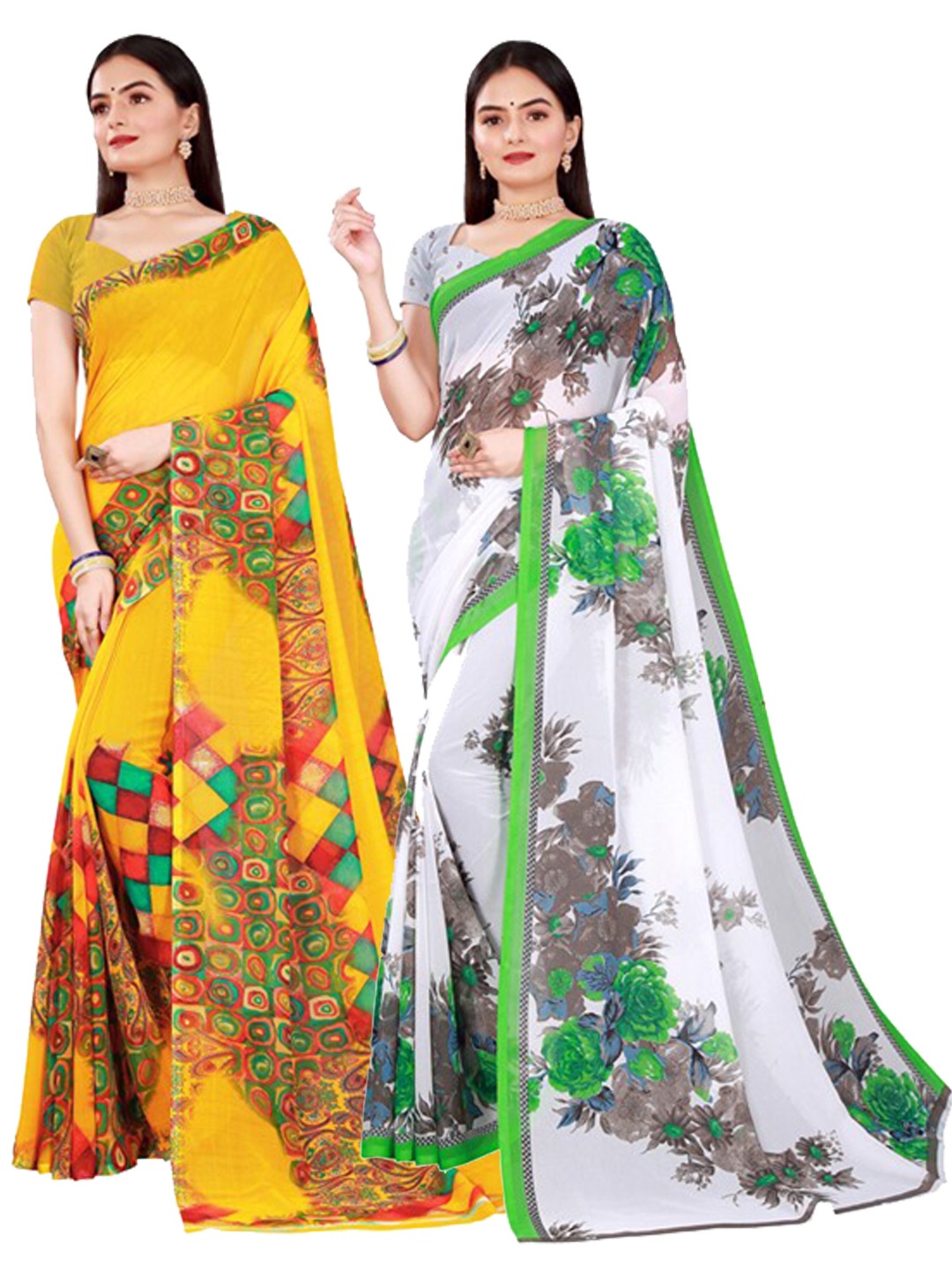 

KALINI Set Of 2 Yellow & White Printed Floral Pure Georgette Saree