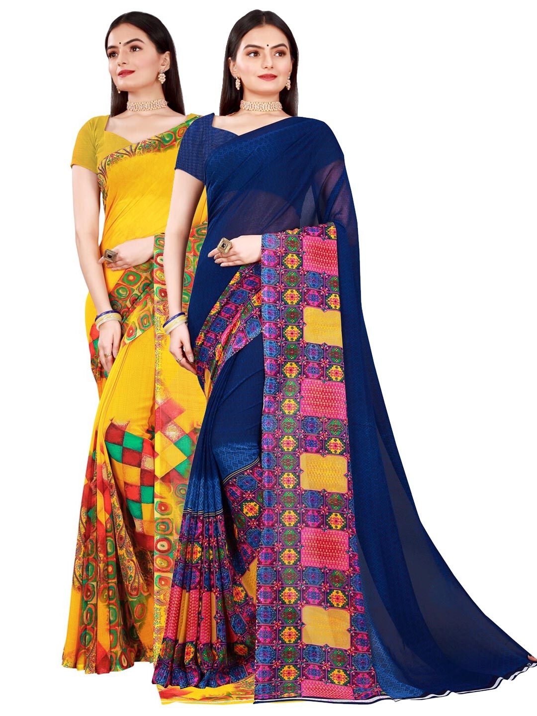 

KALINI Yellow & Navy Blue Pack of 2 Pure Georgette Saree