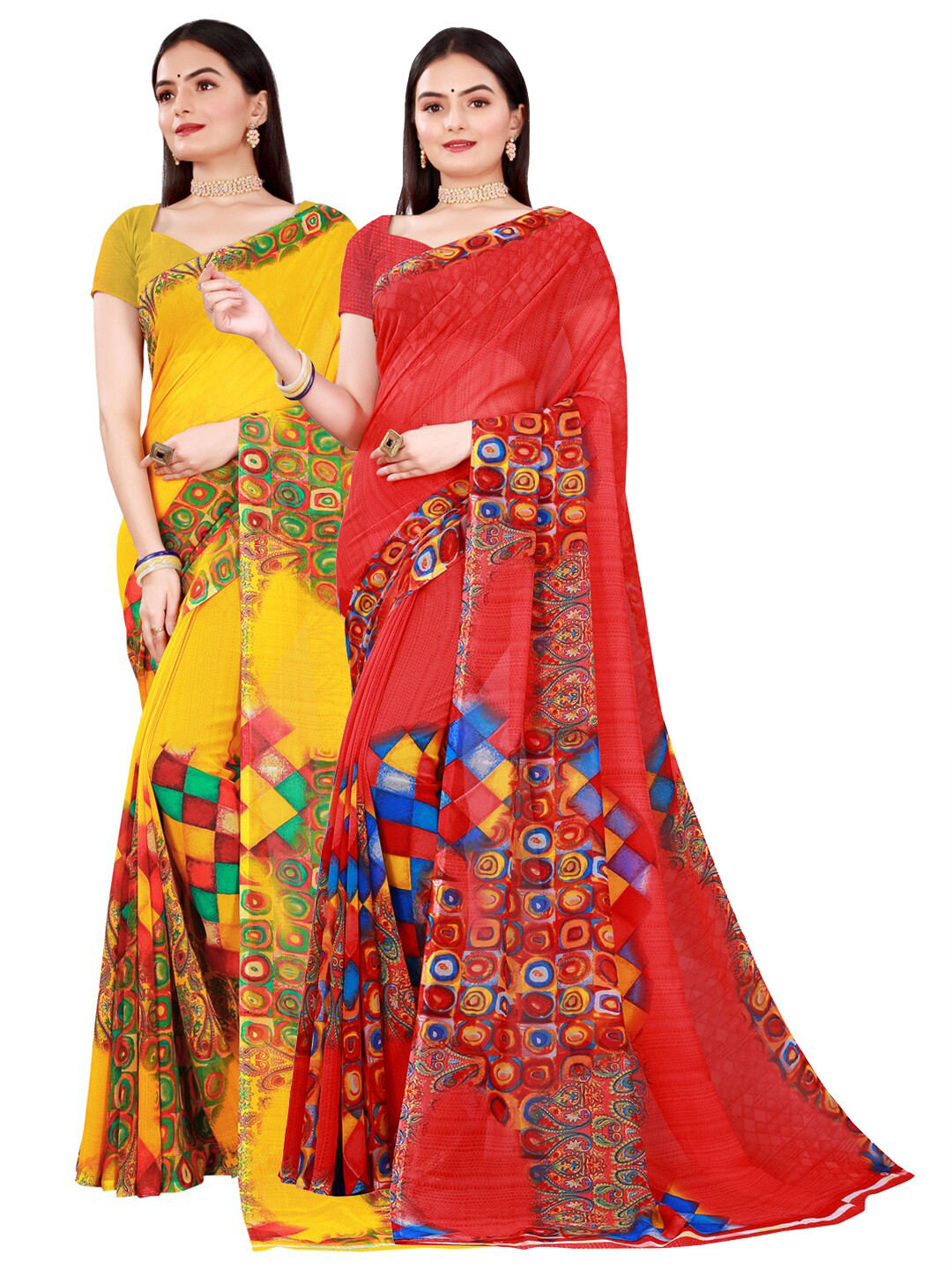 

KALINI Yellow & Red Floral Pure Georgette Saree