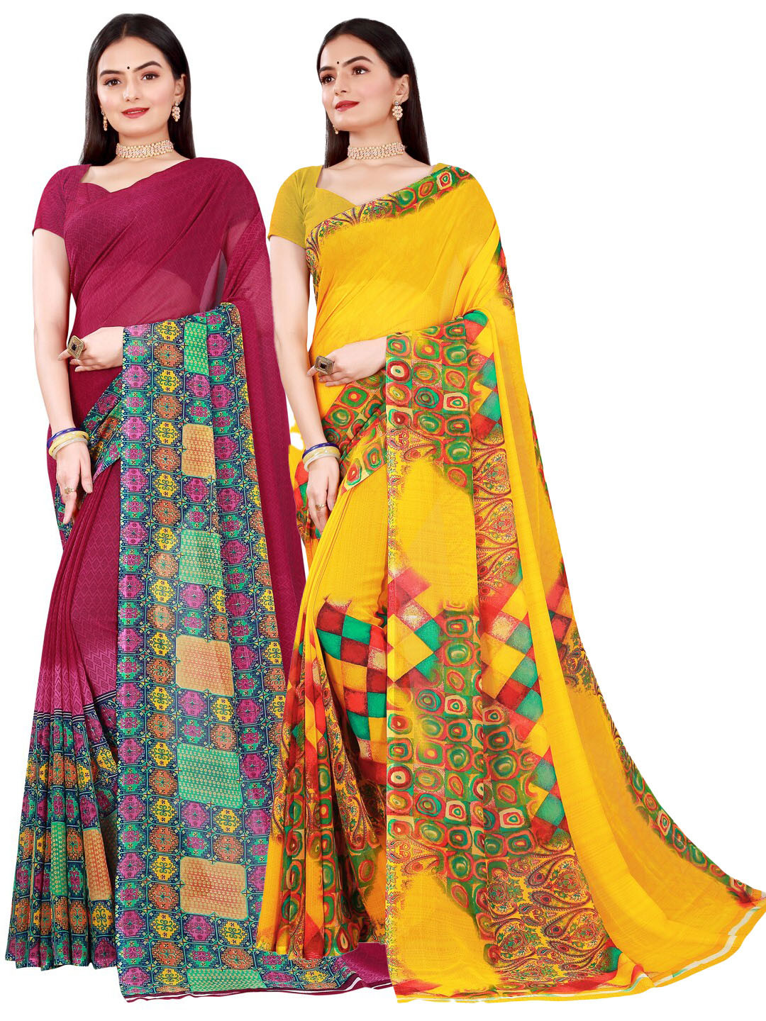 

KALINI Yellow & Maroon Pure Georgette Saree