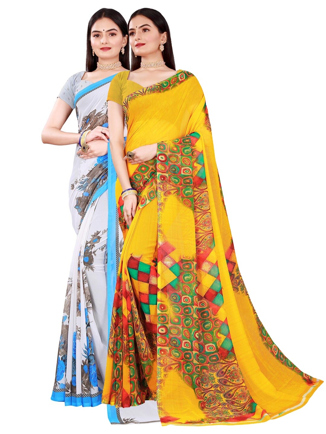 

KALINI Yellow & White Pure Georgette Saree