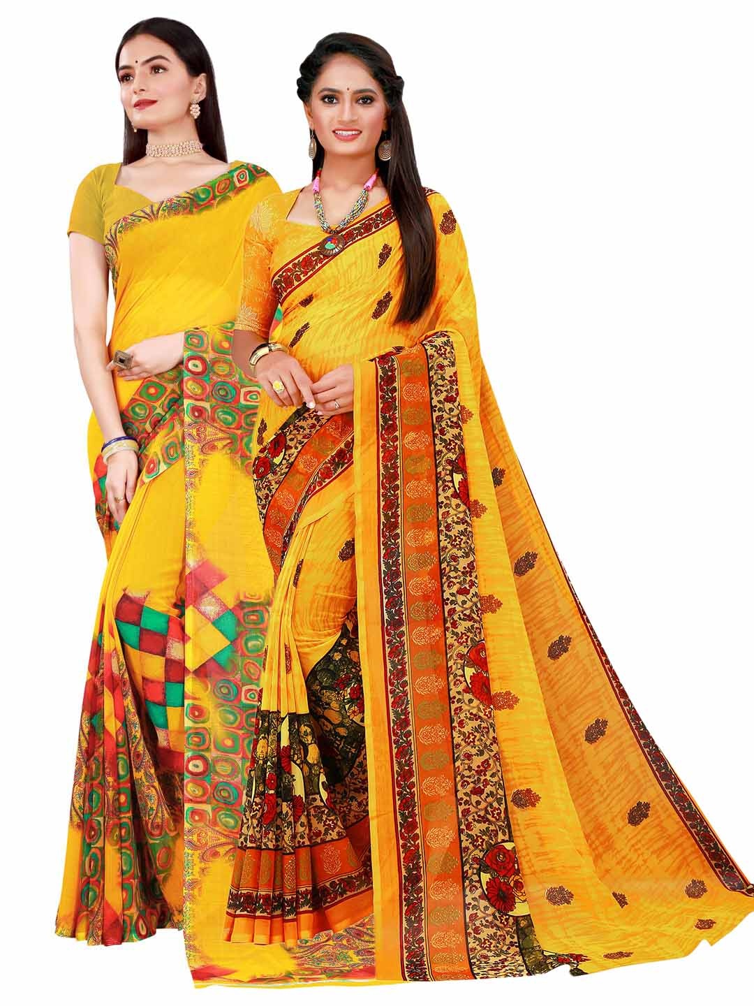 

KALINI Pack of 2 Yellow & Red Floral Pure Georgette Saree