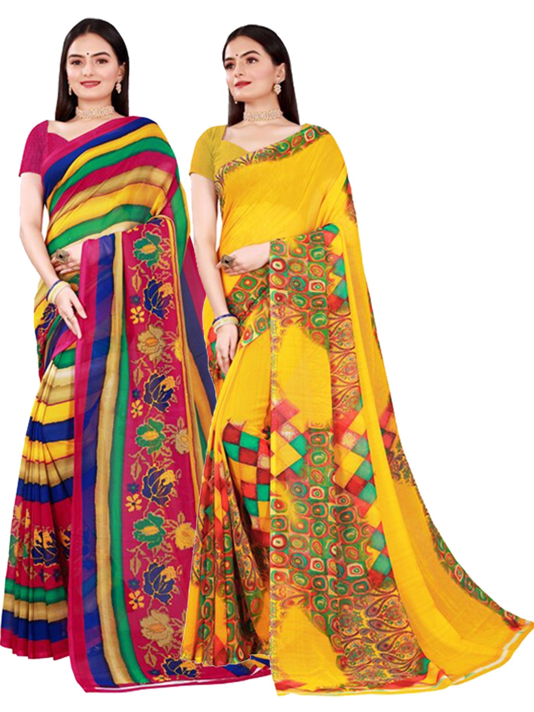 KALINI Set Of 2 Yellow & Red Pure Georgette Sarees