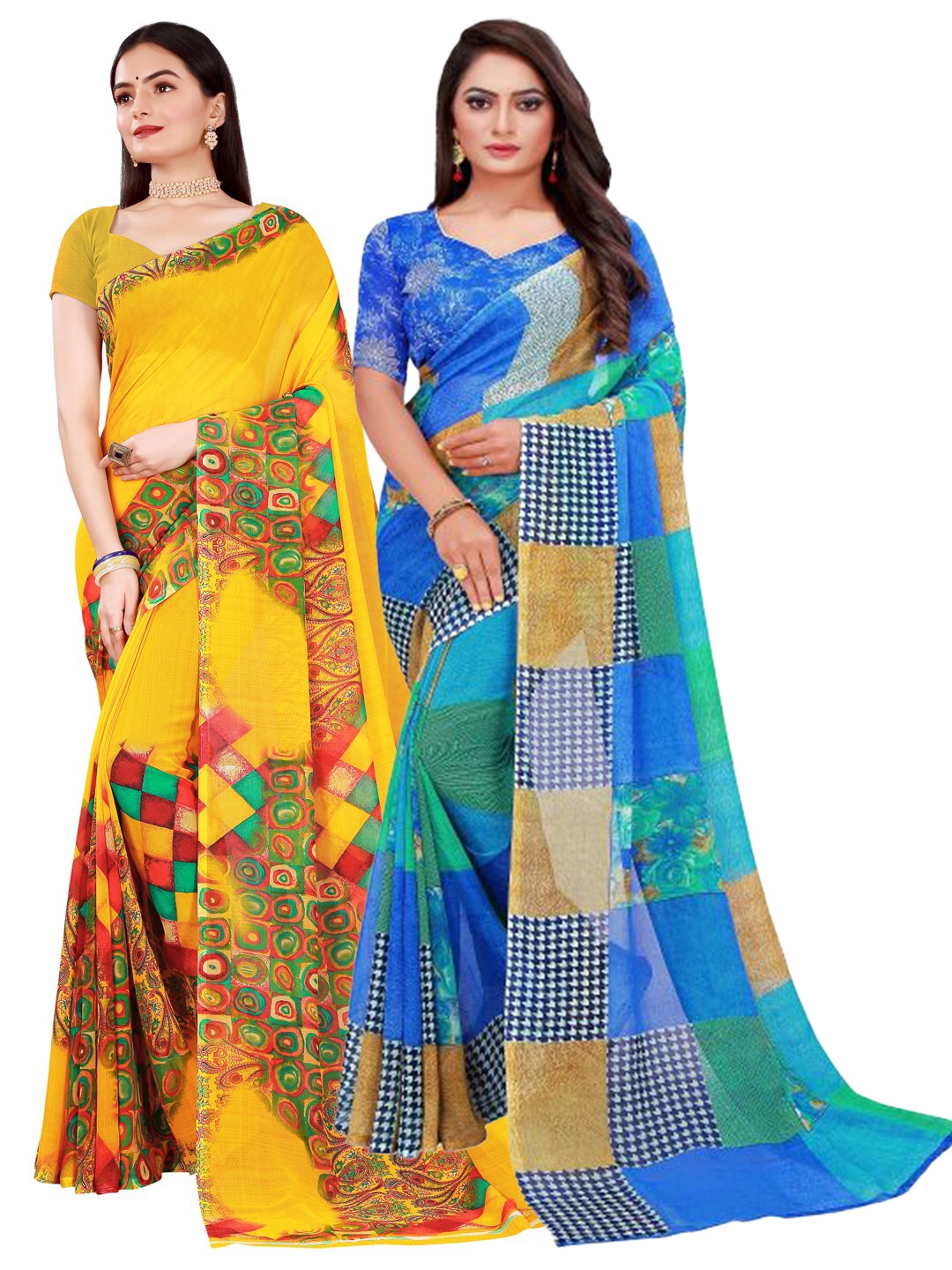 

KALINI Pack Of 2 Yellow & Blue Pure Georgette Saree